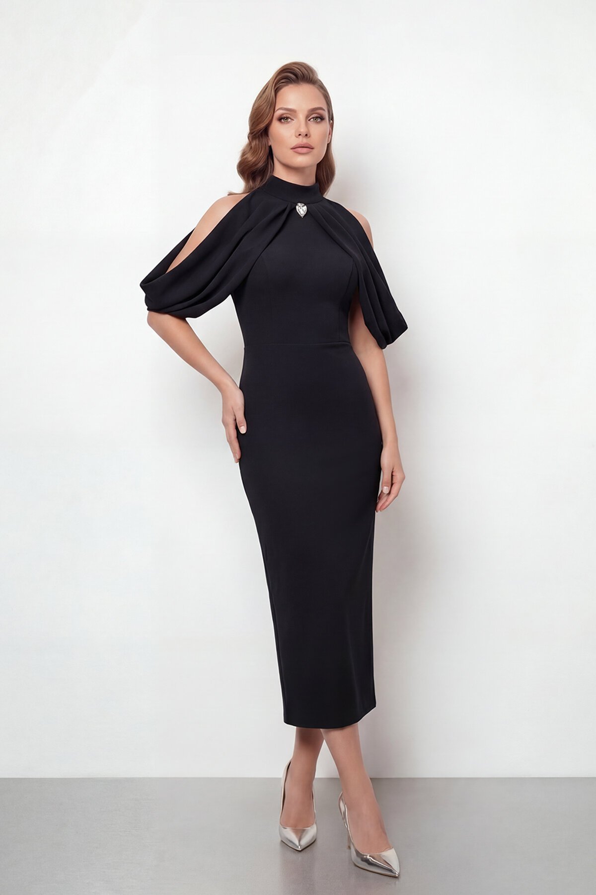 Omuz Açık Drapeli Pelerin Detaylı Abiye - 2078