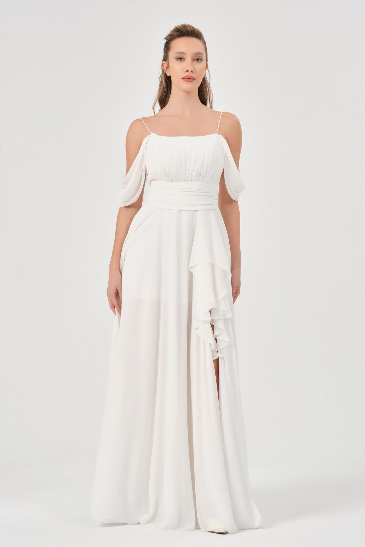 Omzu Düşük Yırtmaçlı Elbise - 1380