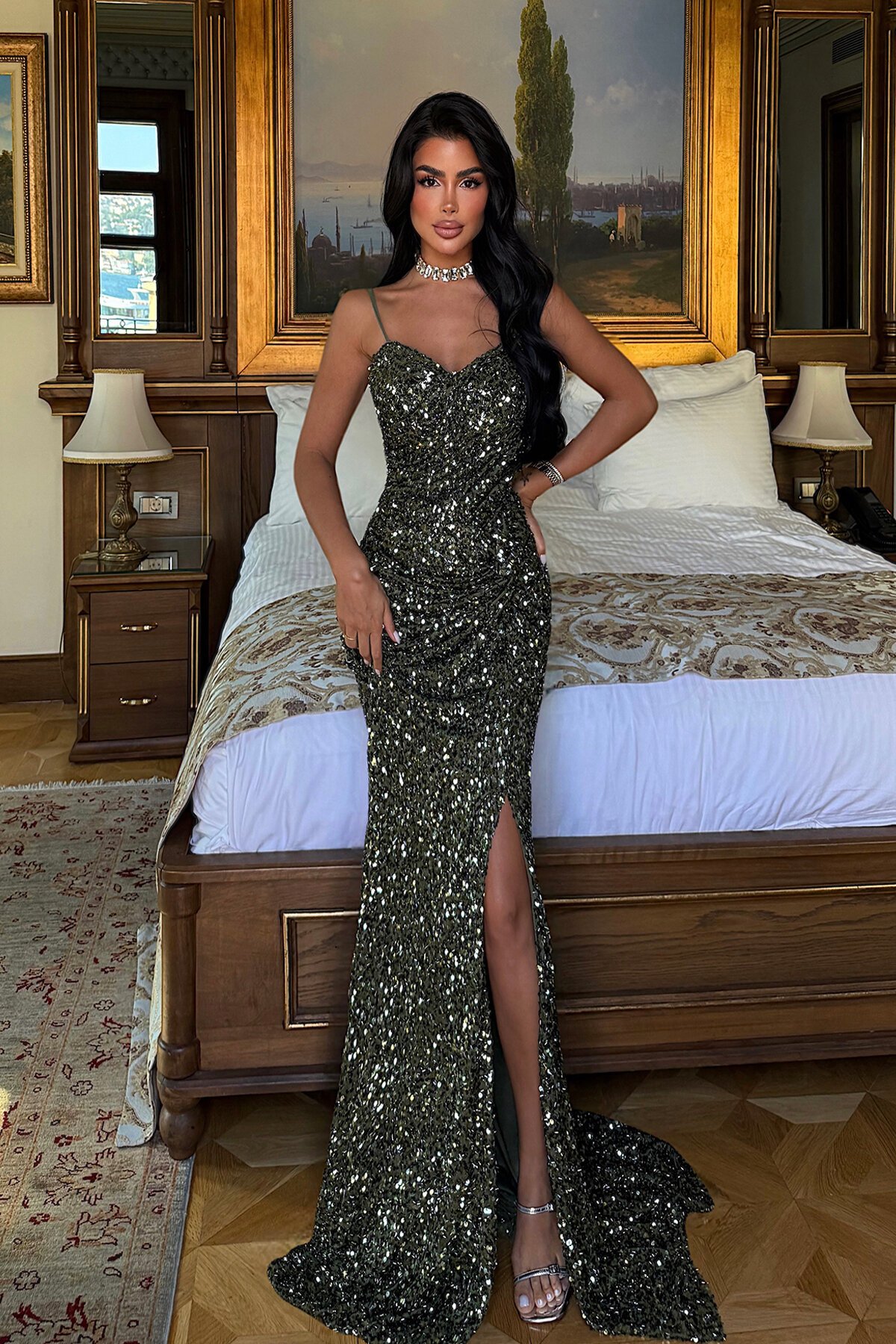 Payetli Yırtmaçlı Elbise - 1814