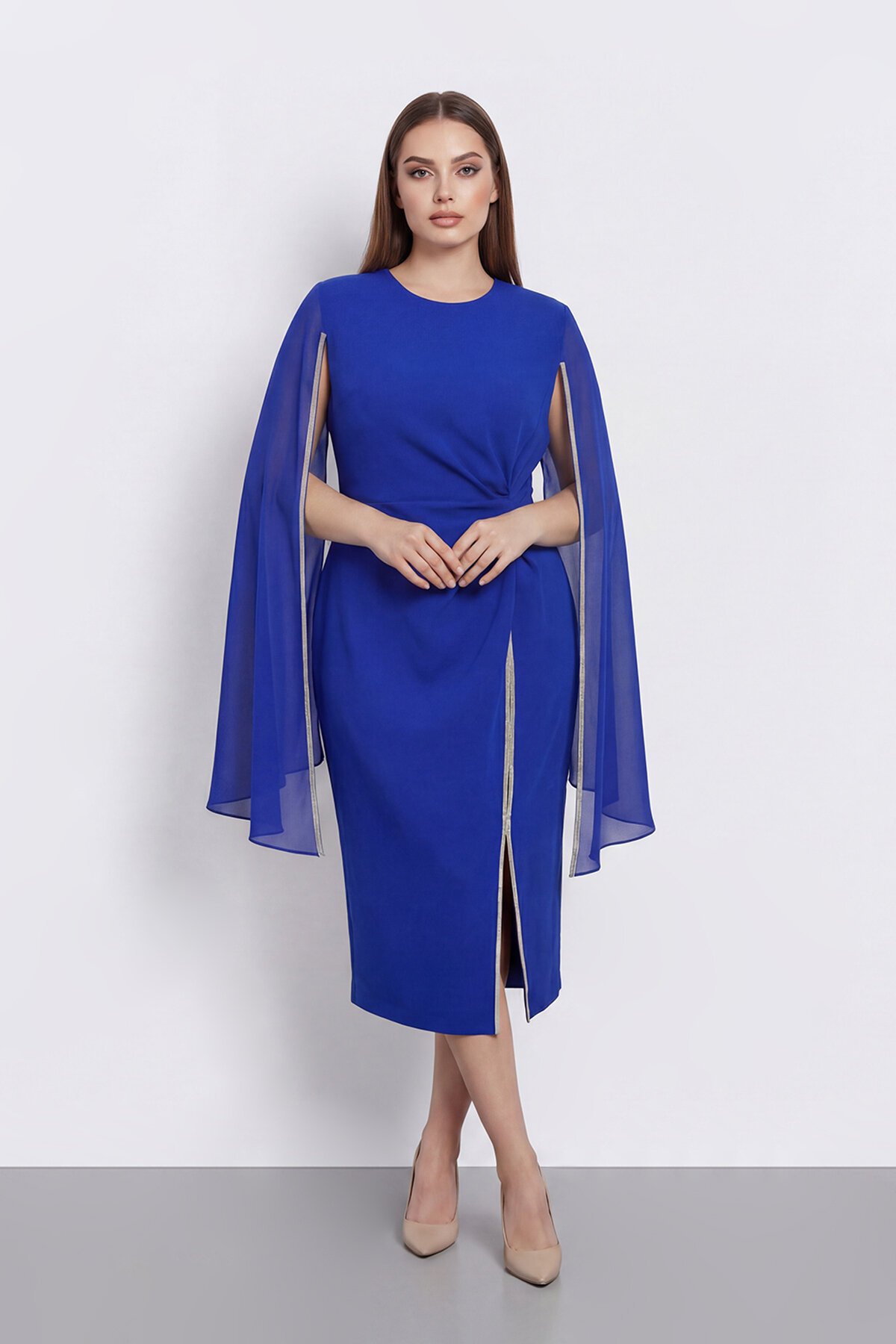 Pelerin Detaylı Drapeli Şık Midi Abiye - 2118