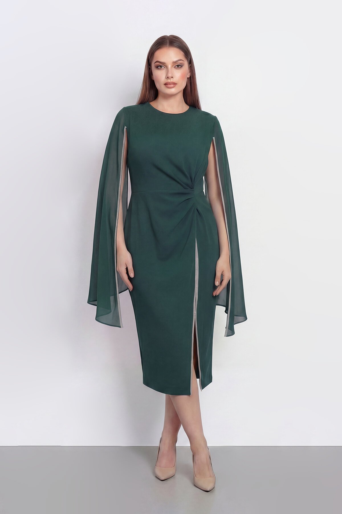 Pelerin Detaylı Drapeli Şık Midi Abiye - 2118