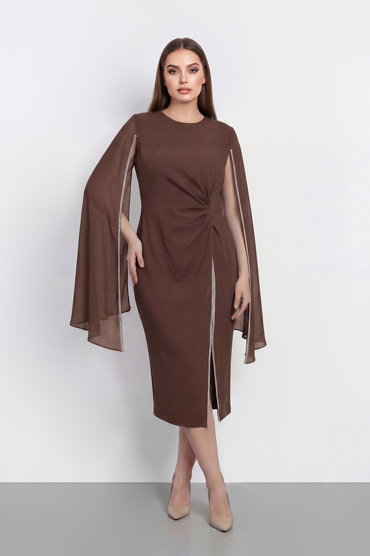 Pelerin Detaylı Drapeli Şık Midi Abiye - 2118