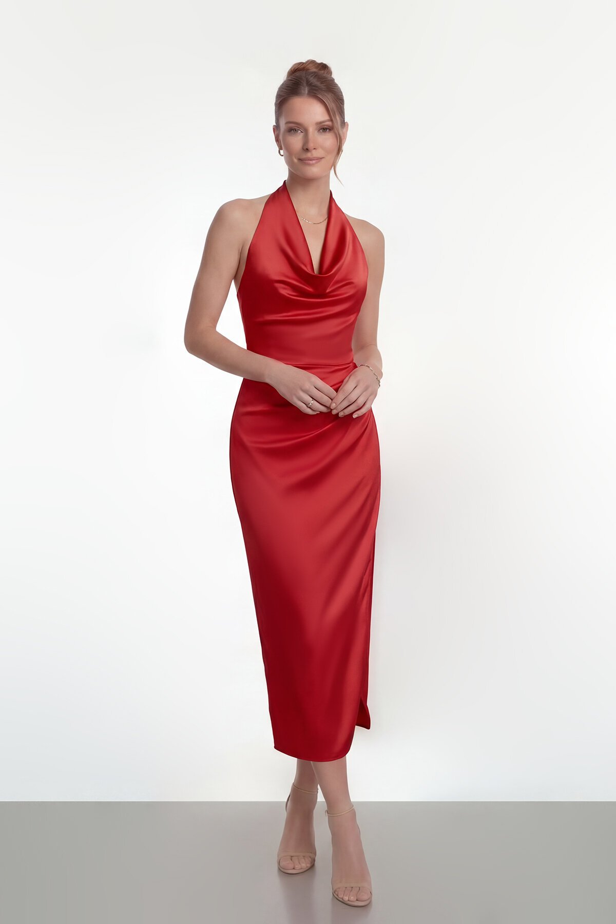 Saten Halter Yaka Drapeli Midi Abiye - 2084