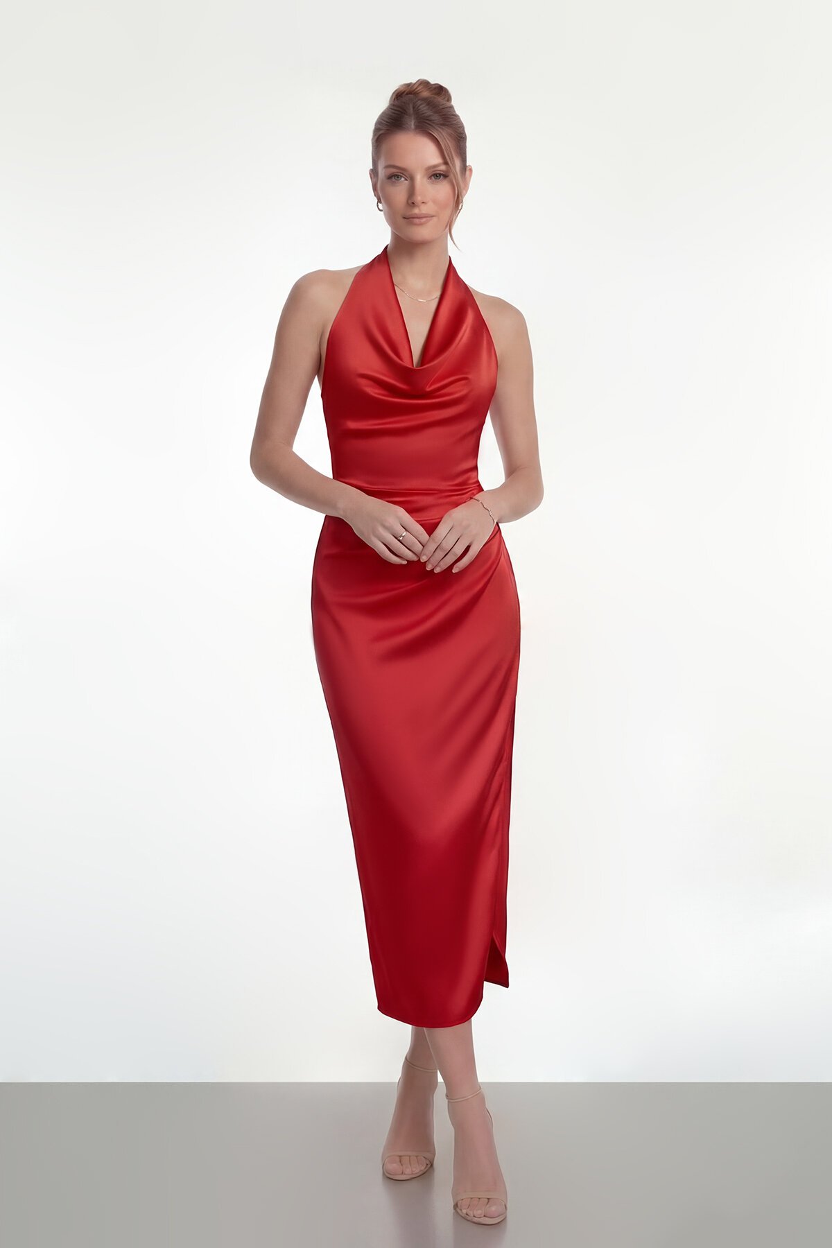 Saten Halter Yaka Drapeli Midi Abiye - 2084