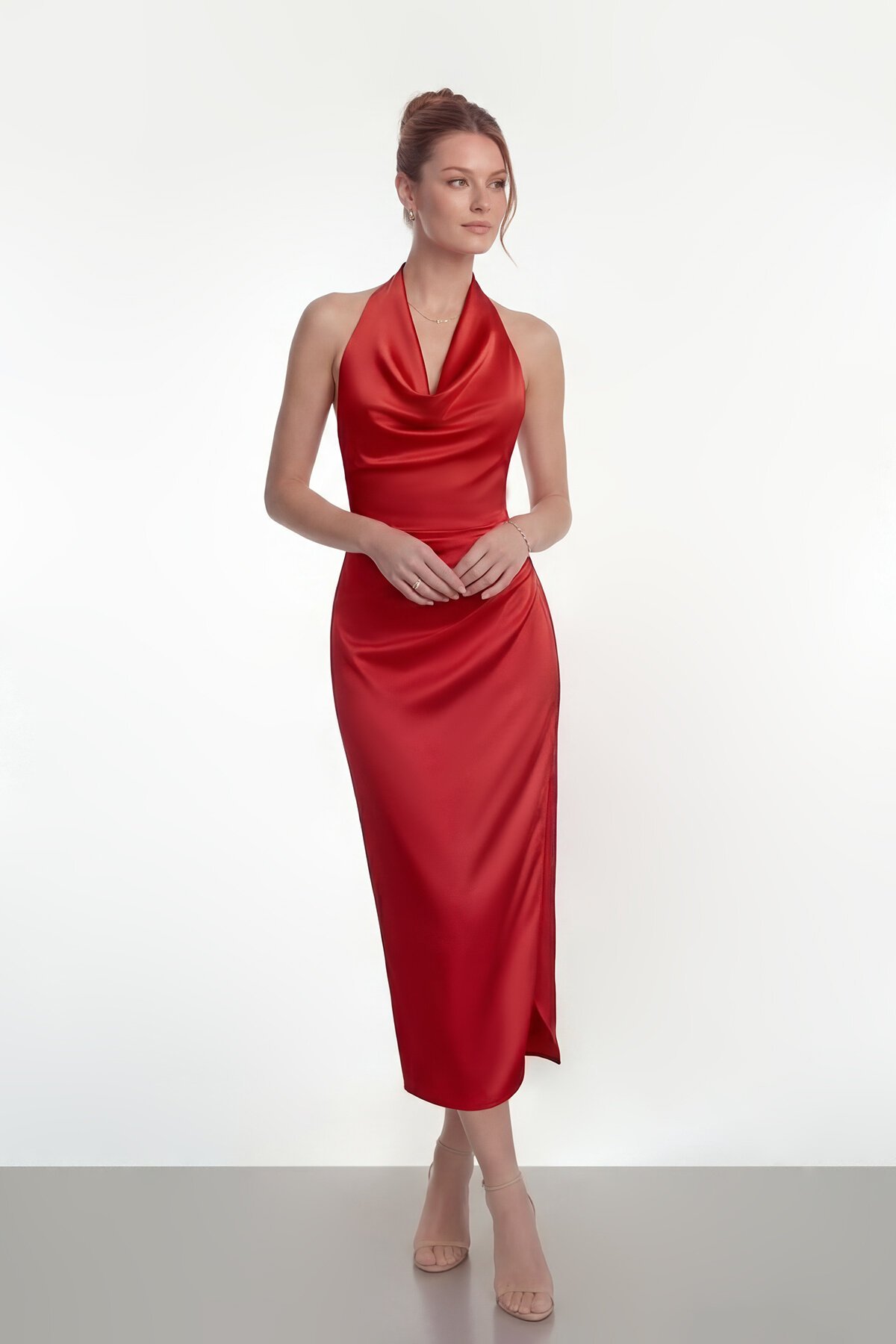 Saten Halter Yaka Drapeli Midi Abiye - 2084