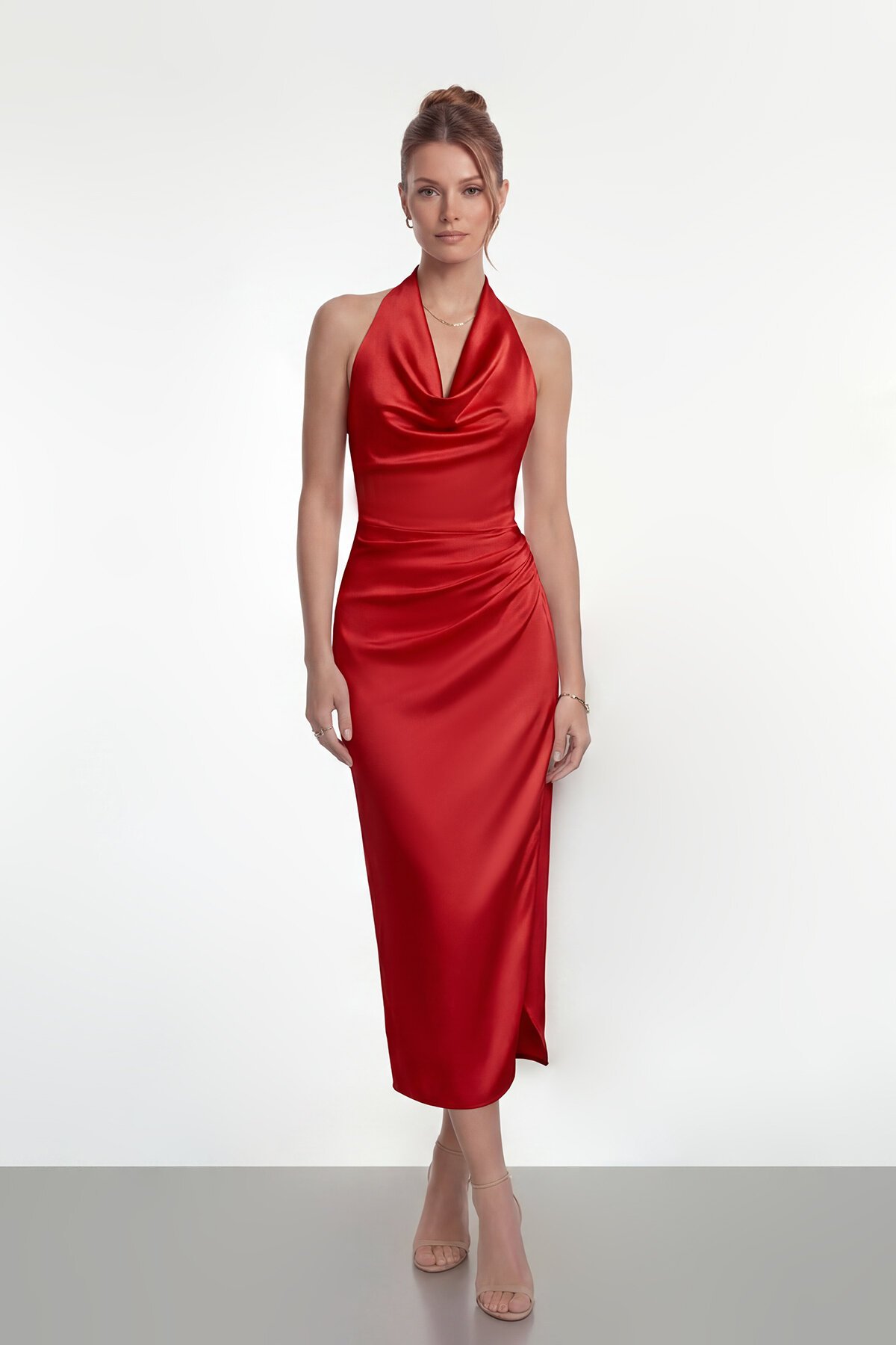 Saten Halter Yaka Drapeli Midi Abiye - 2084