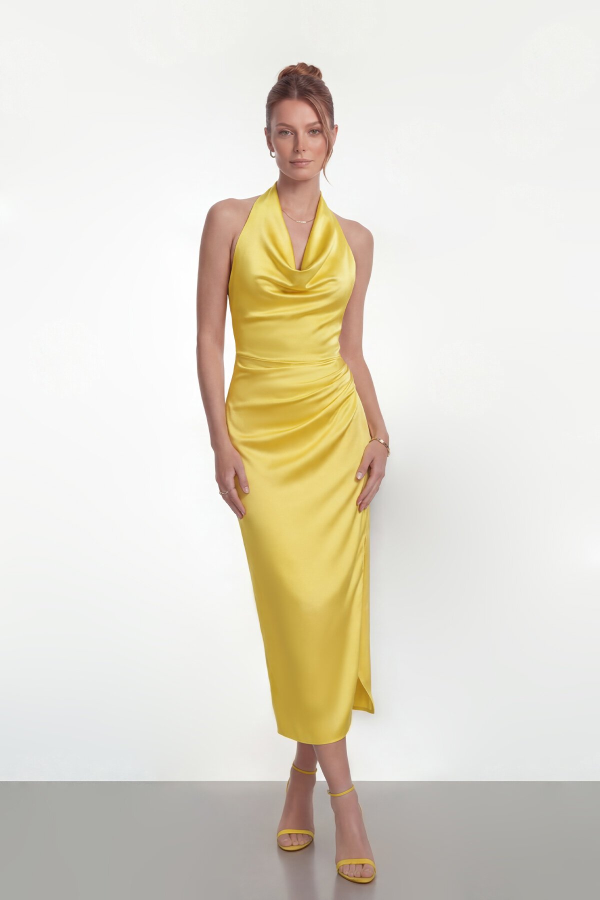 Saten Halter Yaka Drapeli Midi Abiye - 2084