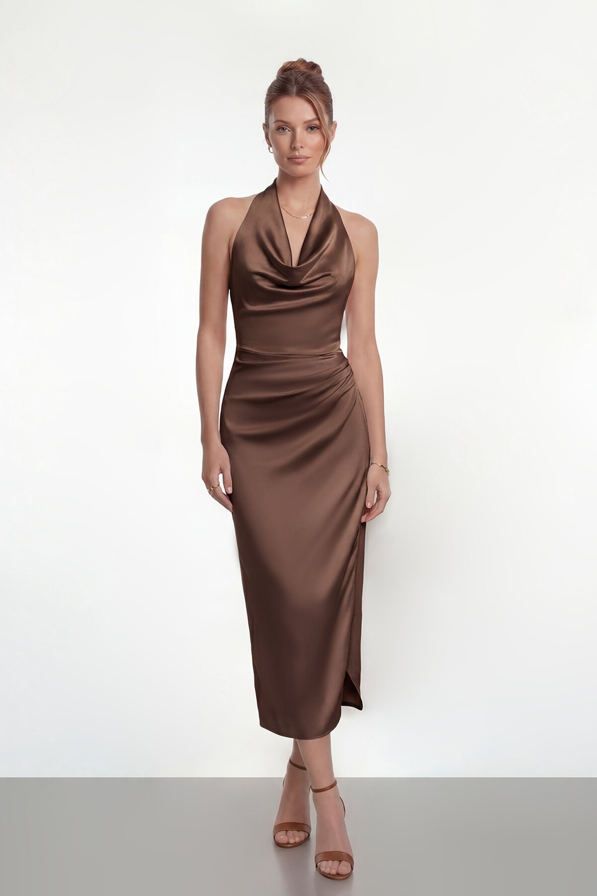 Saten Halter Yaka Drapeli Midi Abiye - 2084