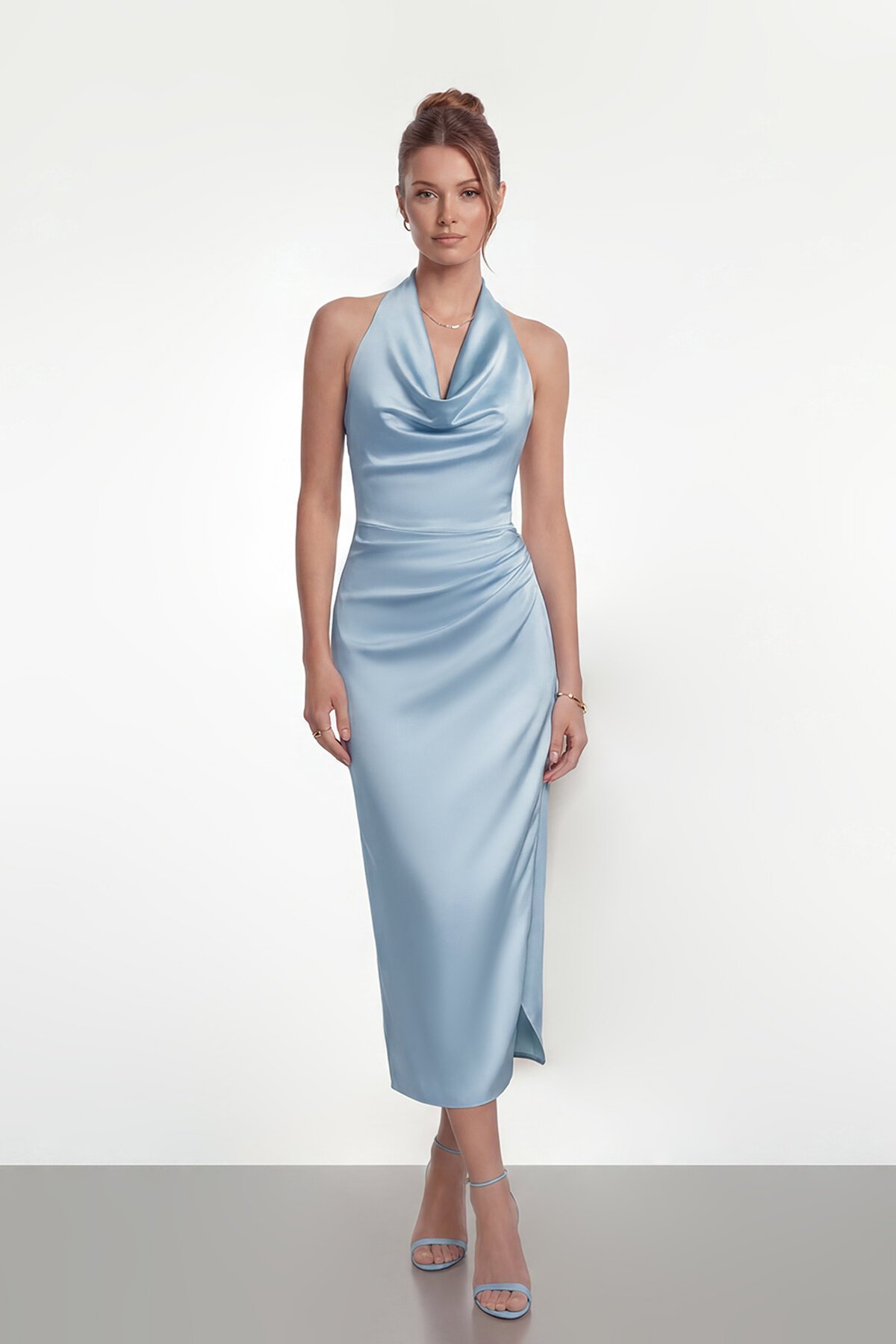 Saten Halter Yaka Drapeli Midi Abiye - 2084