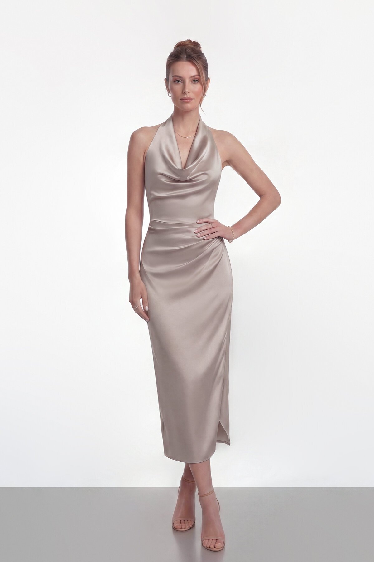 Saten Halter Yaka Drapeli Midi Abiye - 2084