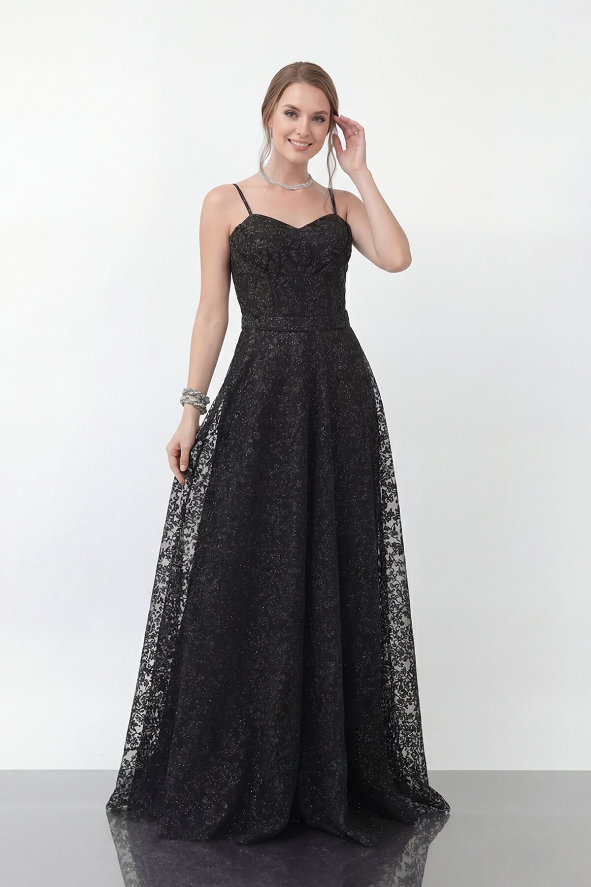 Simli Dantelli İp Askılı Uzun Abiye - 1960