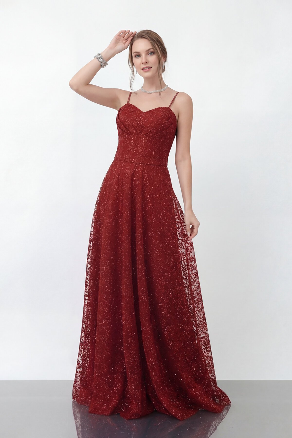 Simli Dantelli İp Askılı Uzun Abiye - 1960