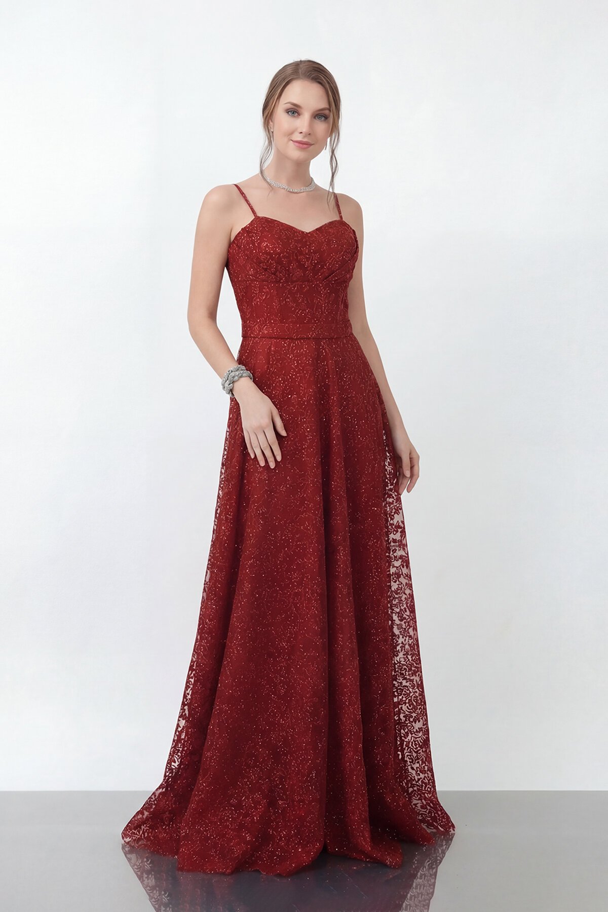 Simli Dantelli İp Askılı Uzun Abiye - 1960