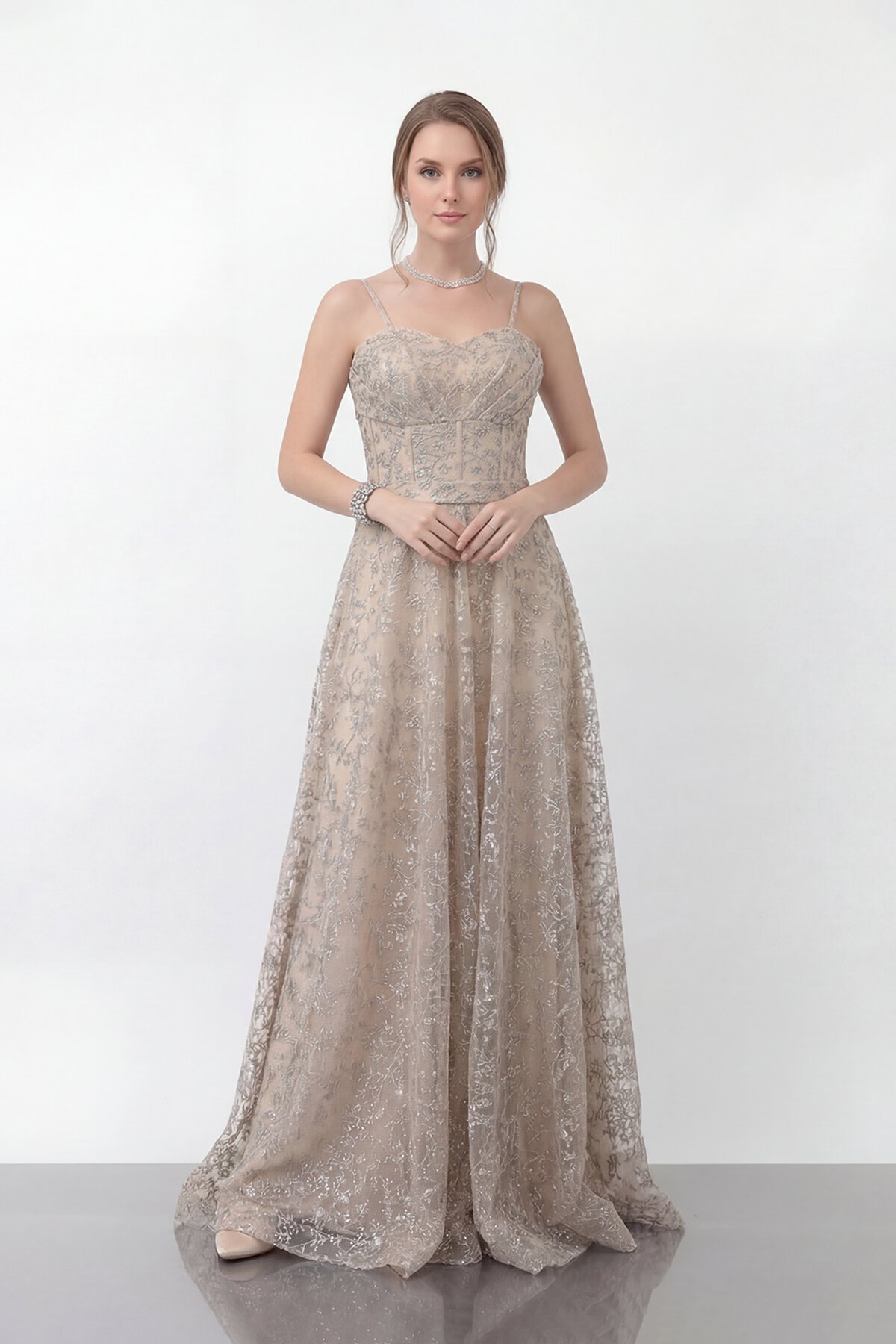 Simli Dantelli İp Askılı Uzun Abiye - 1960