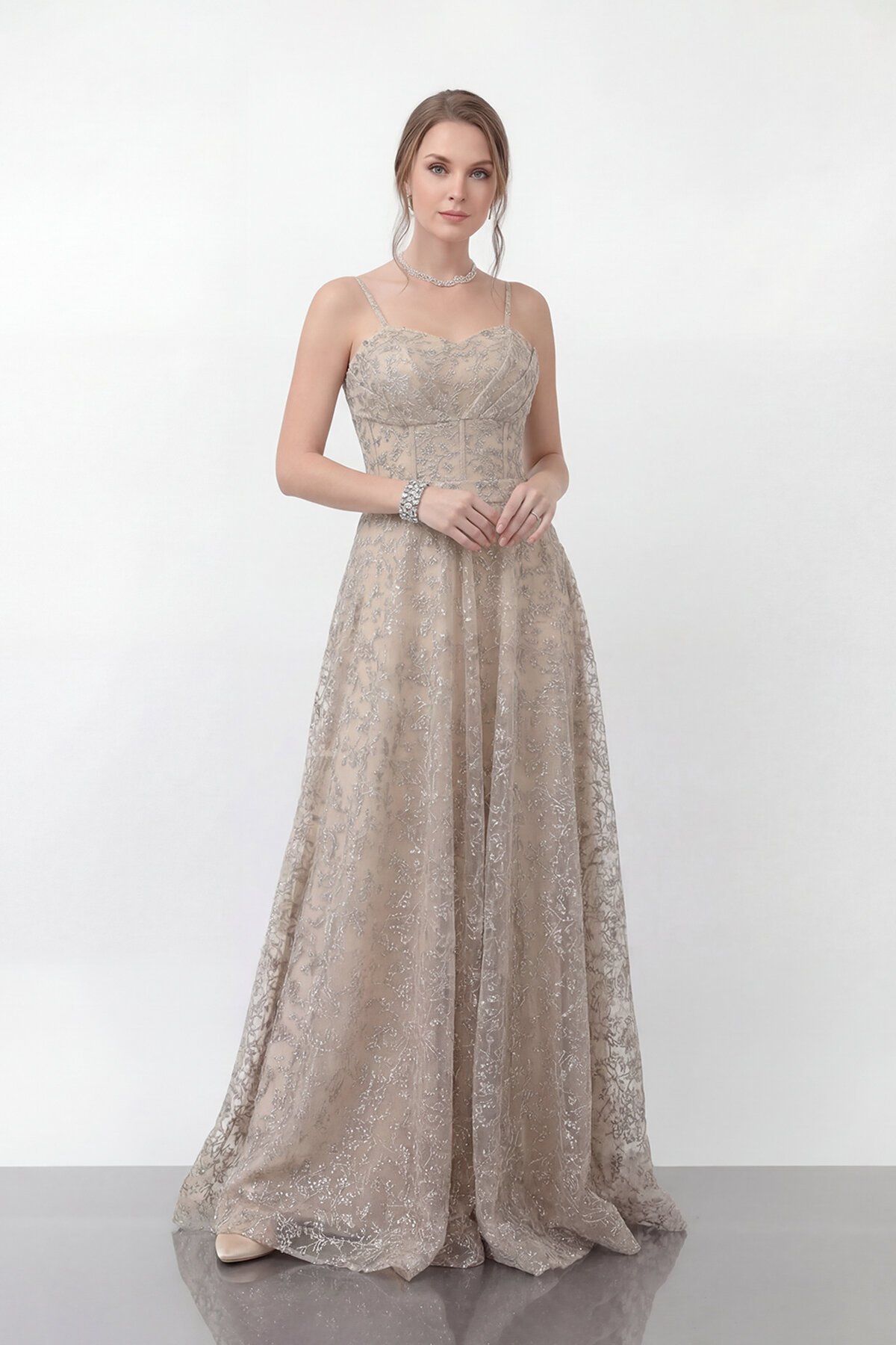 Simli Dantelli İp Askılı Uzun Abiye - 1960