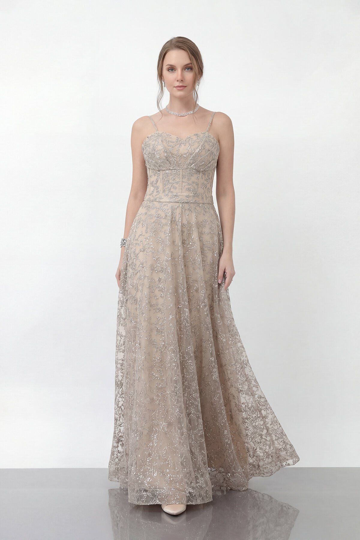 Simli Dantelli İp Askılı Uzun Abiye - 1960