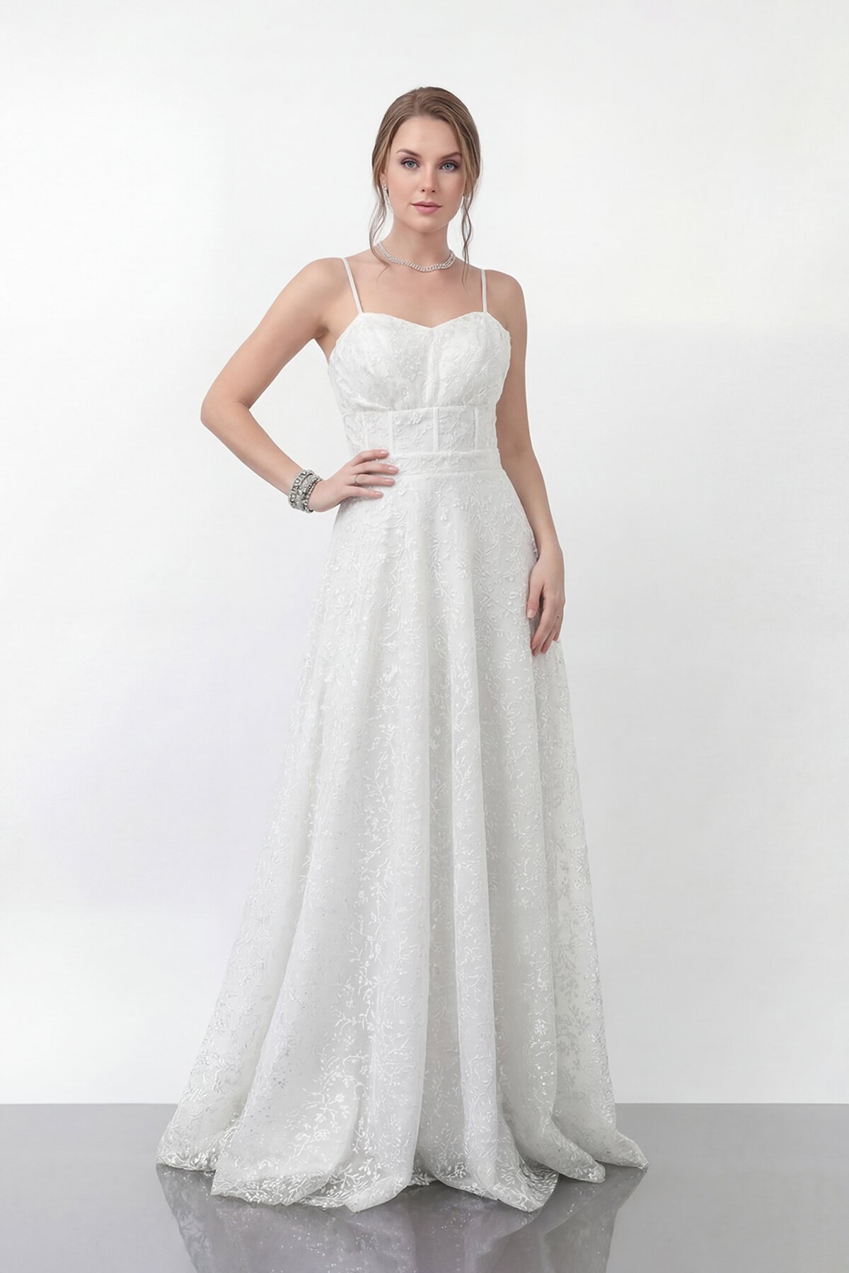 Simli Dantelli İp Askılı Uzun Abiye - 1960