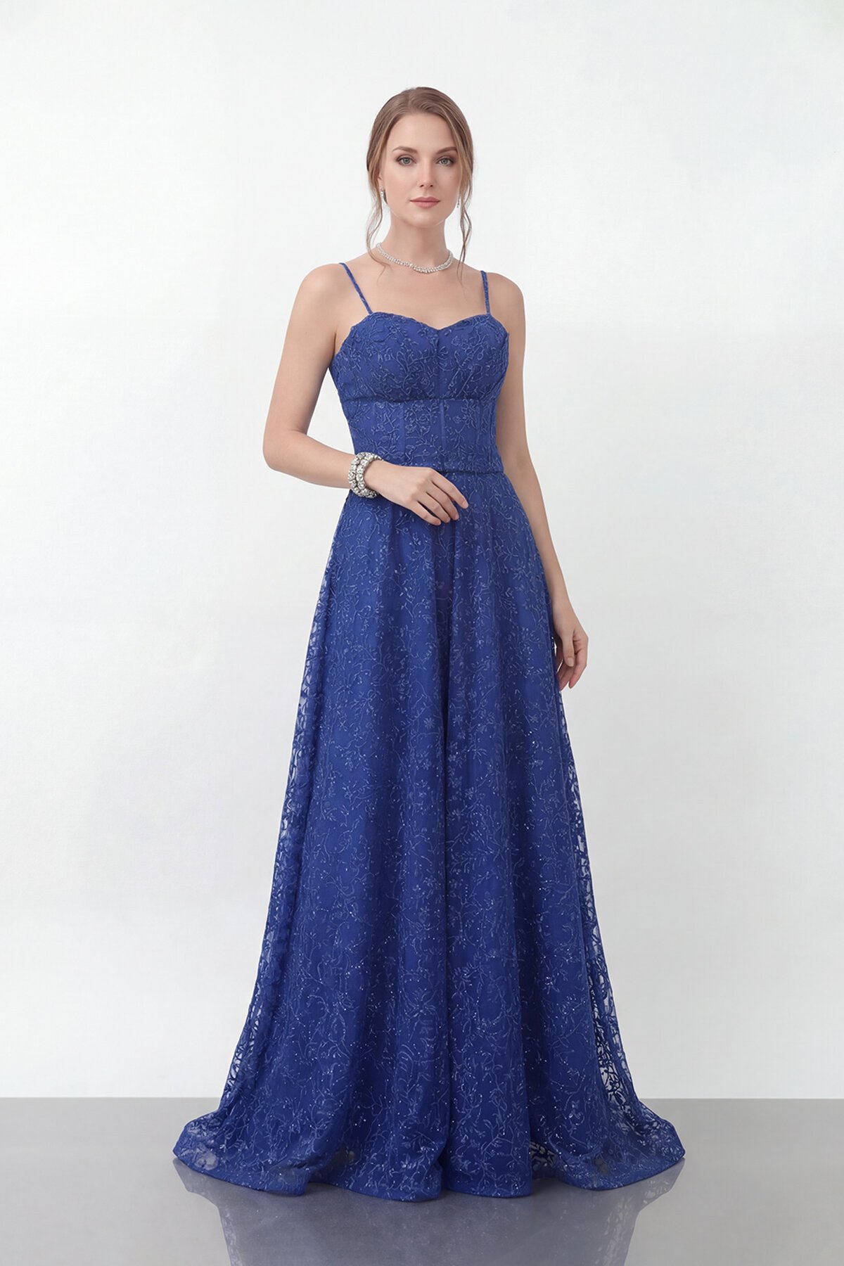 Simli Dantelli İp Askılı Uzun Abiye - 1960