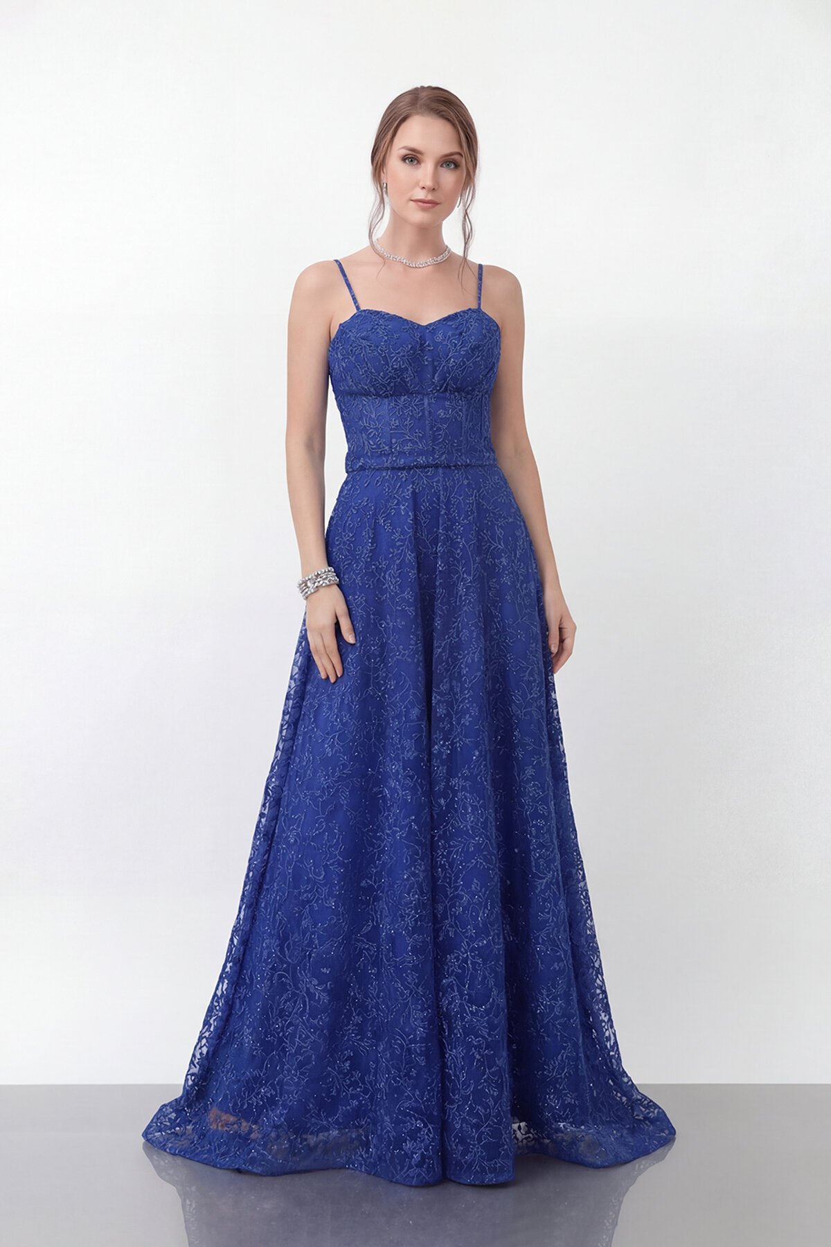 Simli Dantelli İp Askılı Uzun Abiye - 1960