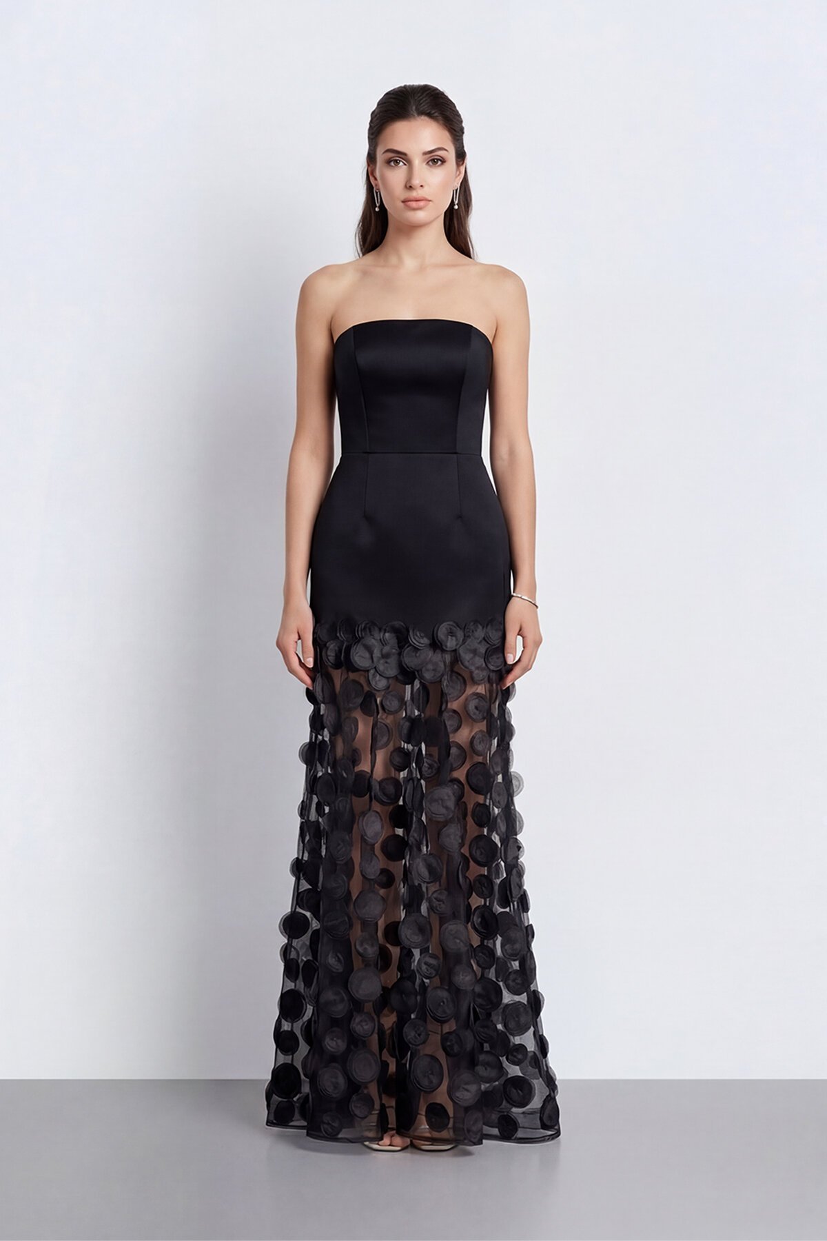 Straplez 3D Aplikeli Transparan Etek Abiye - 2077