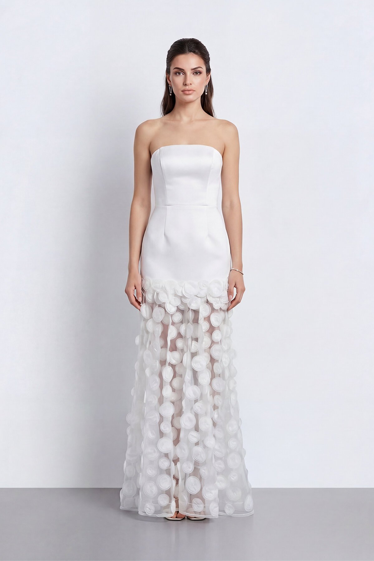 Straplez 3D Aplikeli Transparan Etek Abiye - 2077