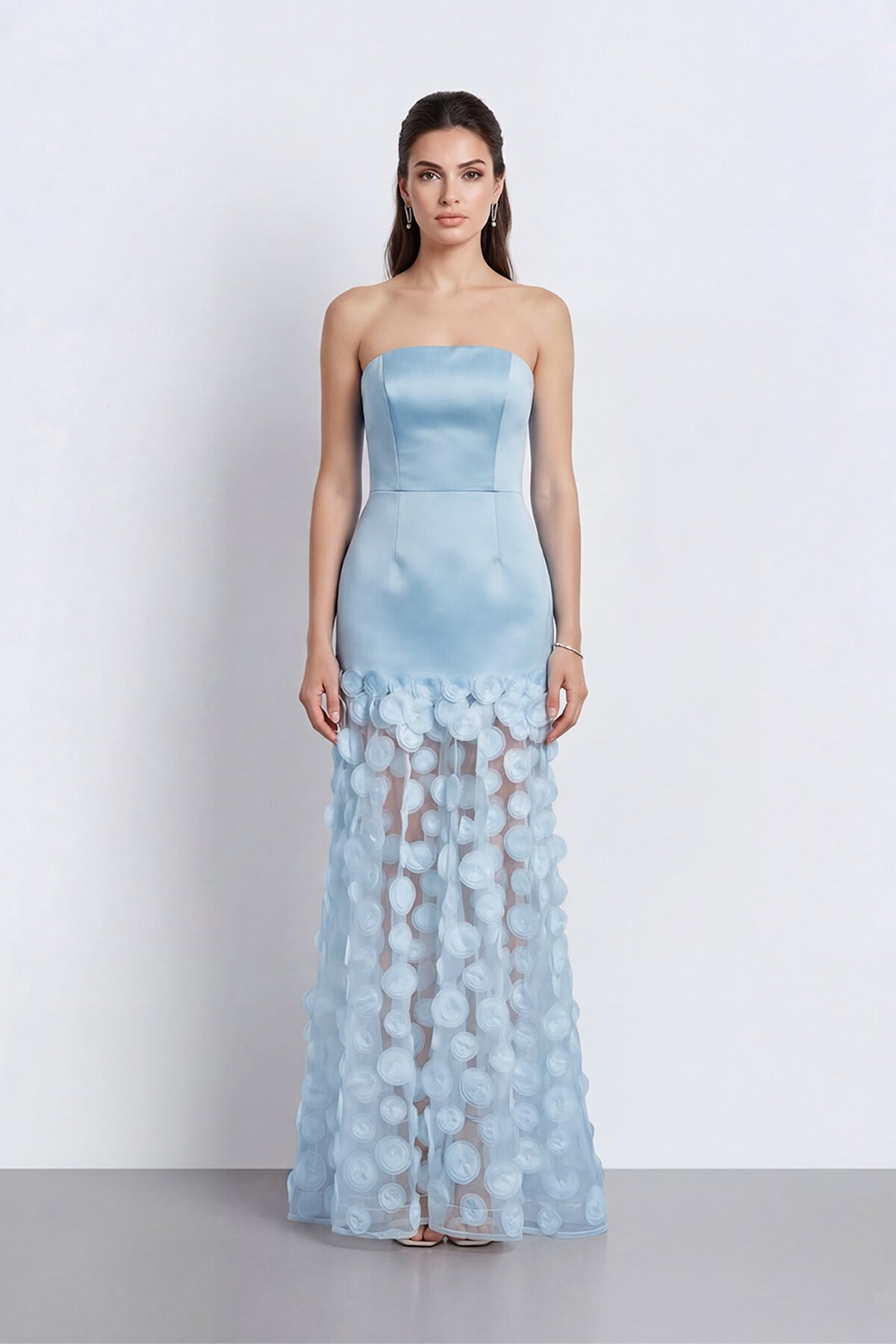 Straplez 3D Aplikeli Transparan Etek Abiye - 2077