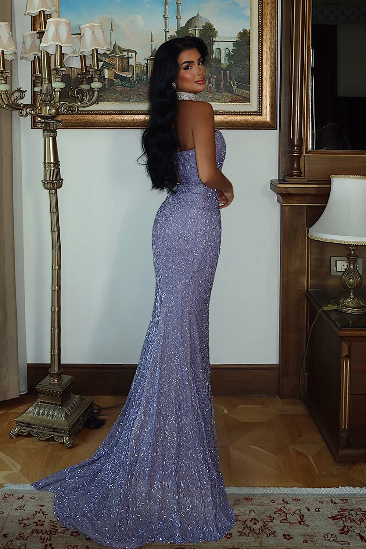 Straplez Payetli Yırtmaçlı Elbise - 1762