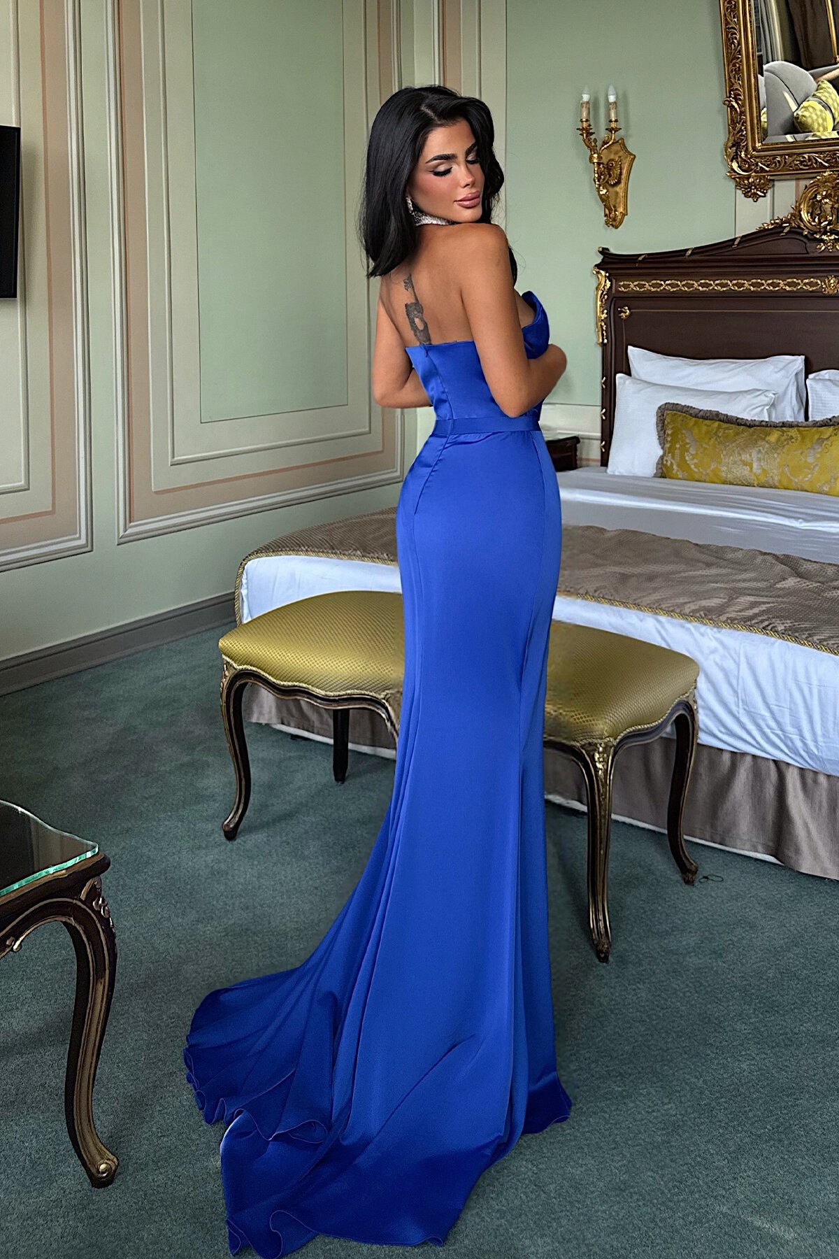 Straplez Taş Detaylı Yırtmaçlı Elbise - 1562