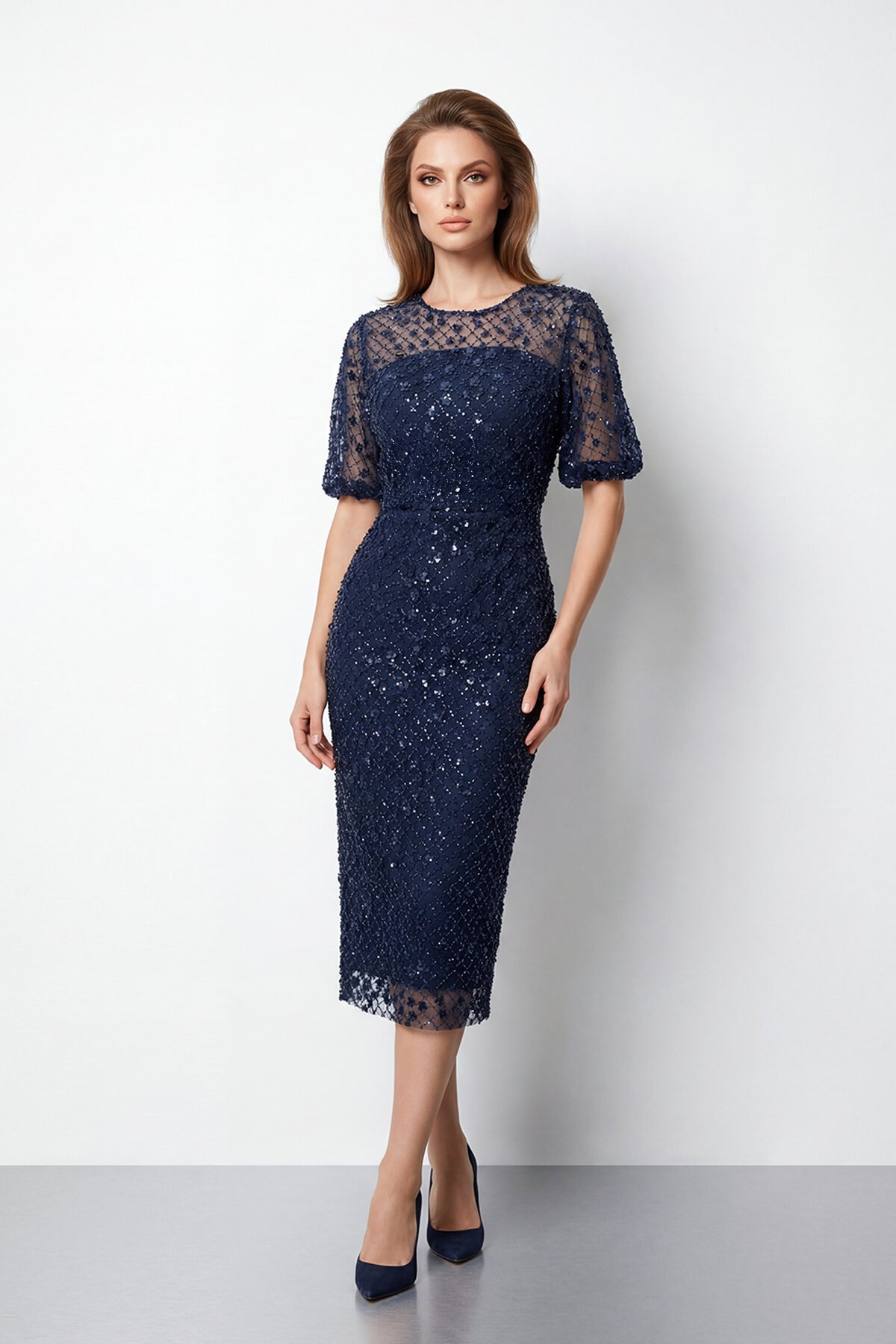 Tamamı İşlemeli Işıltılı Yarım Kol Midi Elbise - 2029
