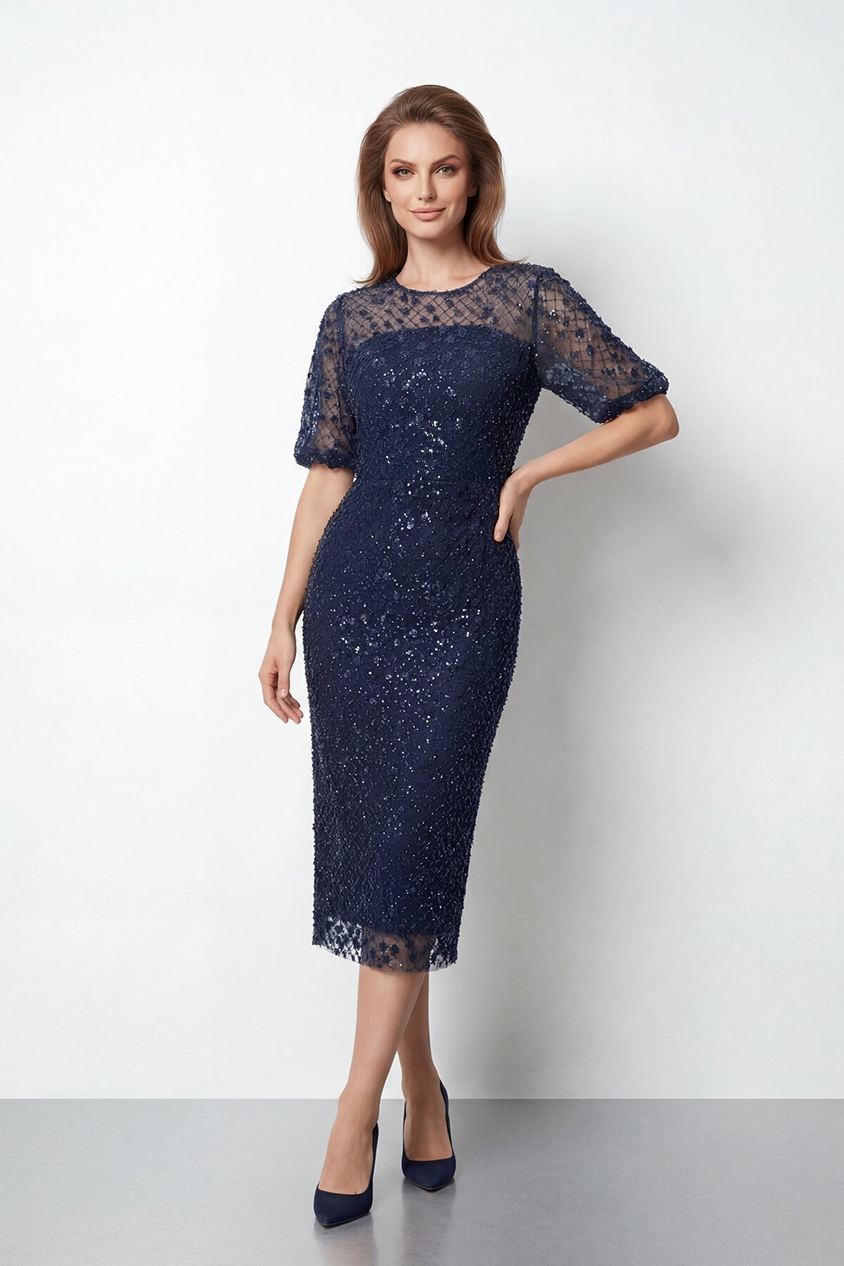 Tamamı İşlemeli Işıltılı Yarım Kol Midi Elbise - 2029