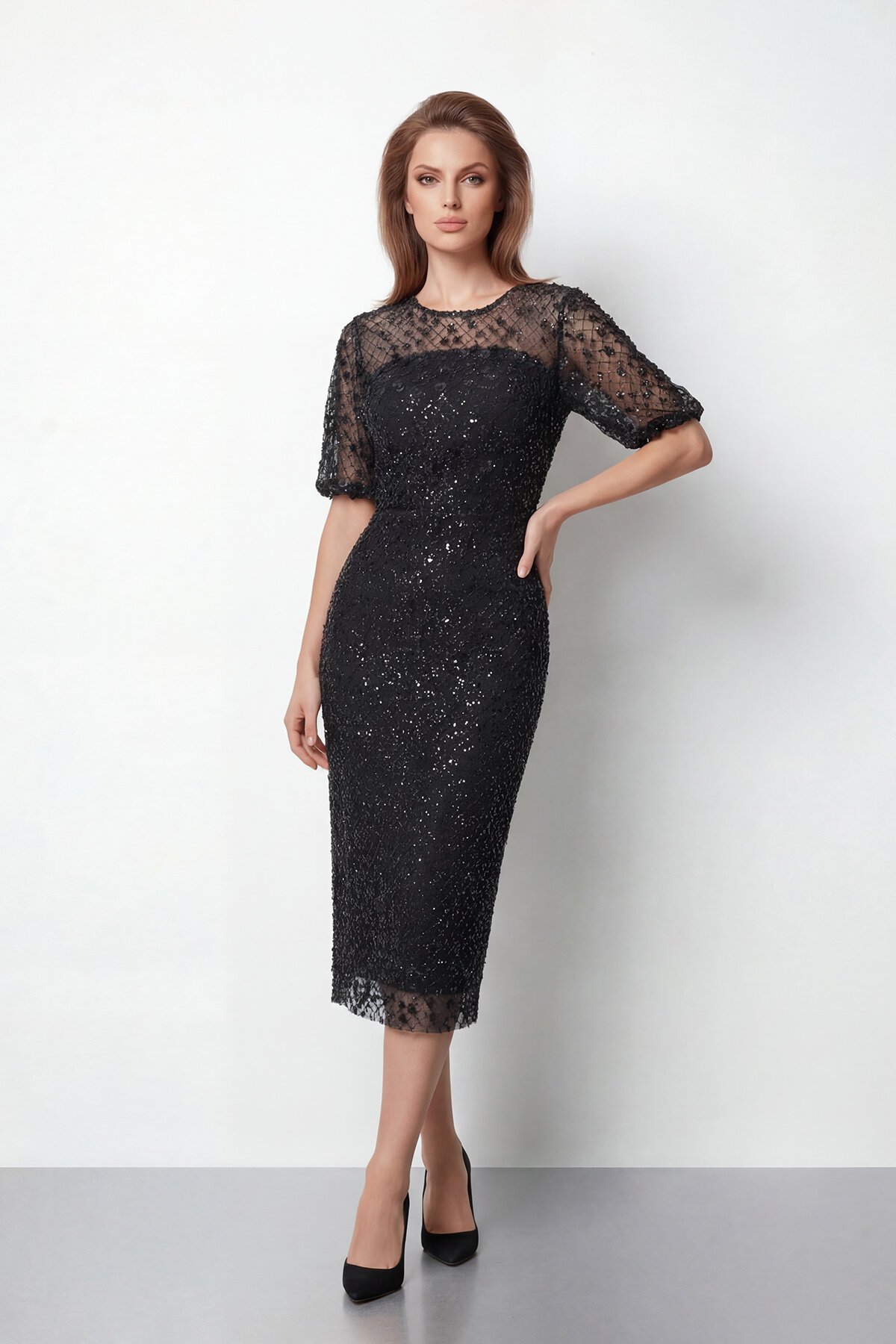 Tamamı İşlemeli Işıltılı Yarım Kol Midi Elbise - 2029