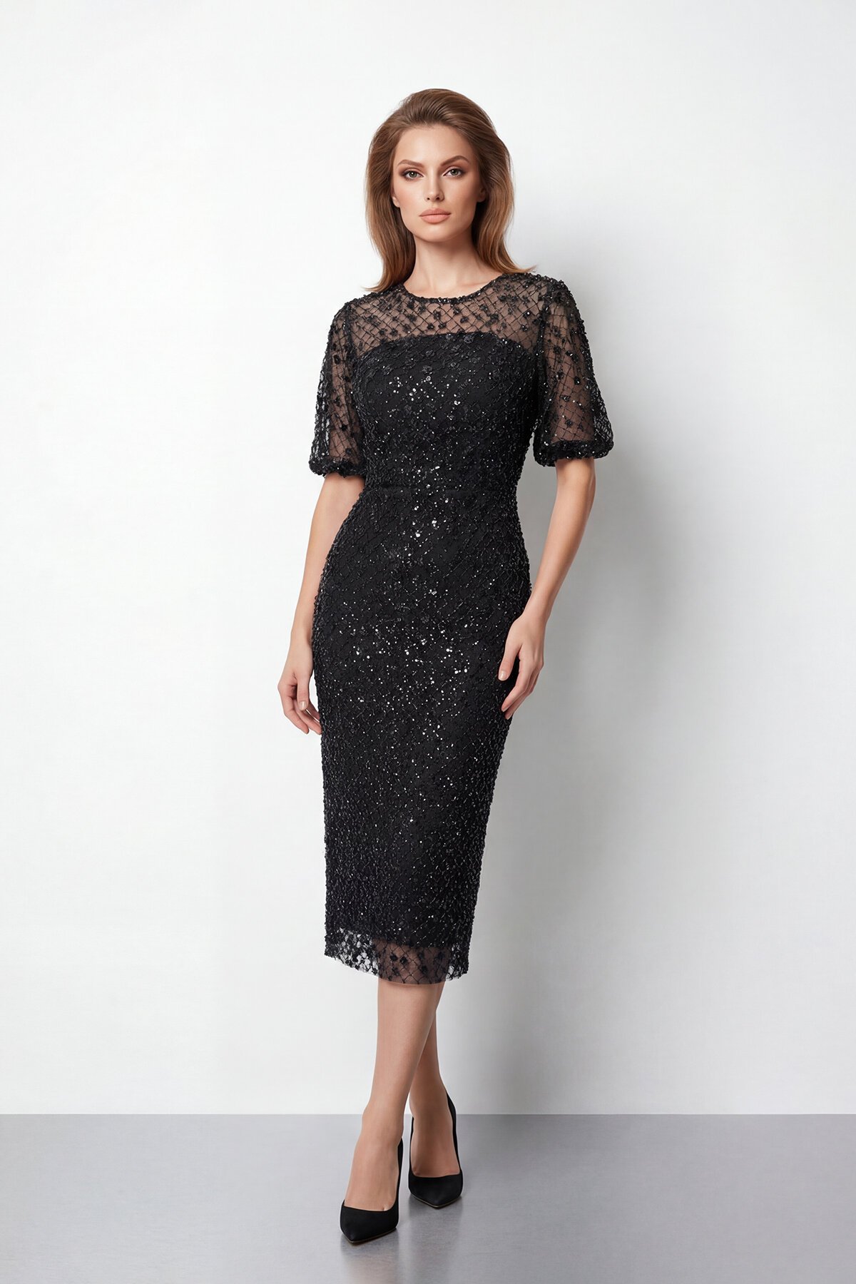 Tamamı İşlemeli Işıltılı Yarım Kol Midi Elbise - 2029