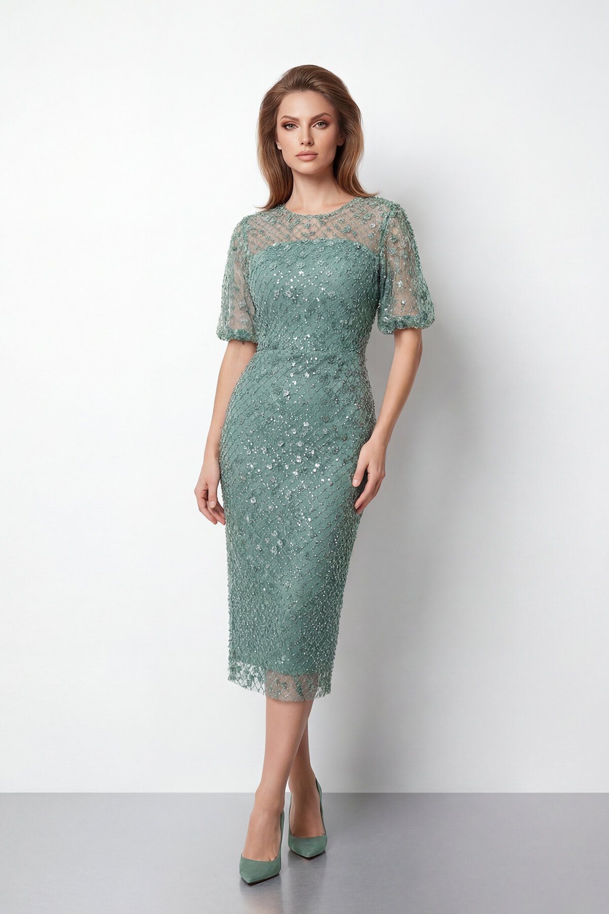 Tamamı İşlemeli Işıltılı Yarım Kol Midi Elbise - 2029