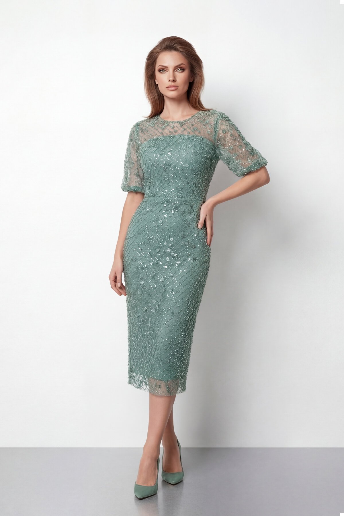 Tamamı İşlemeli Işıltılı Yarım Kol Midi Elbise - 2029