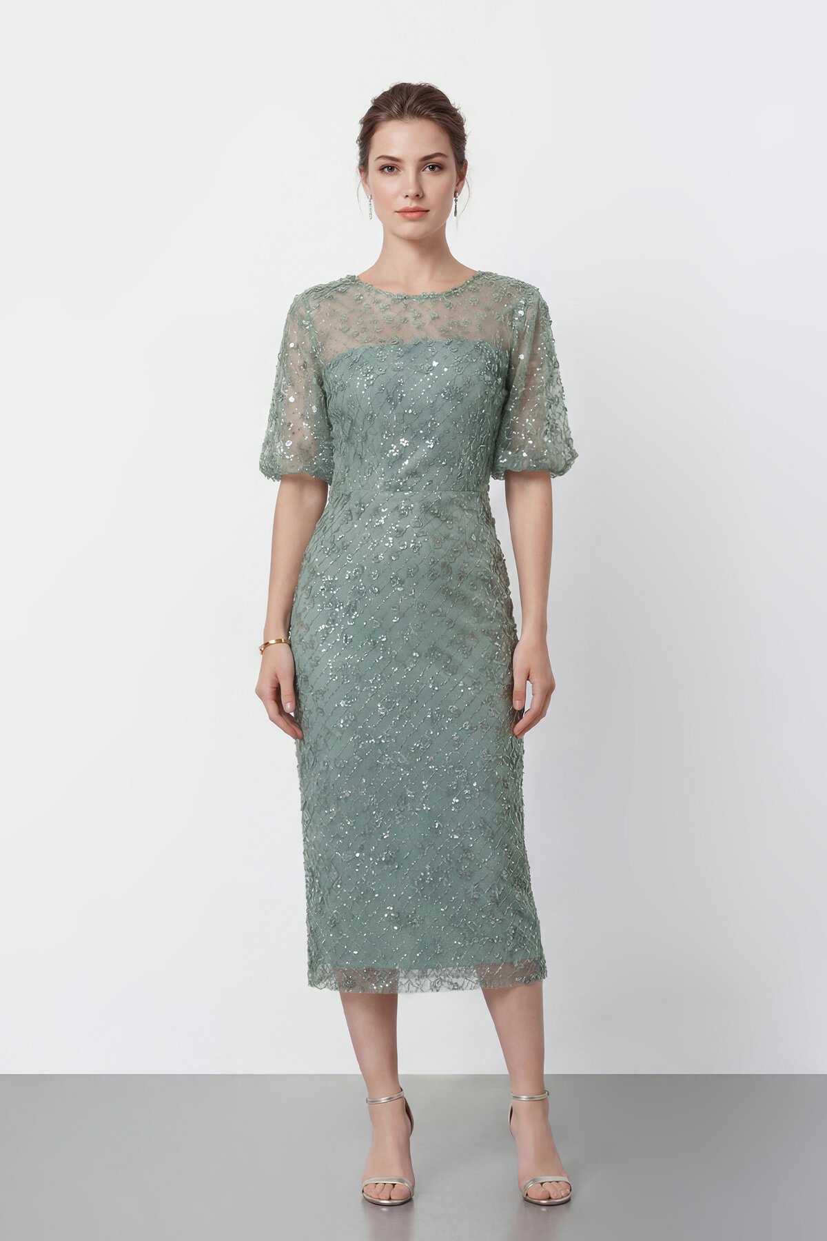 Tamamı İşlemeli Işıltılı Yarım Kol Midi Elbise - 2029