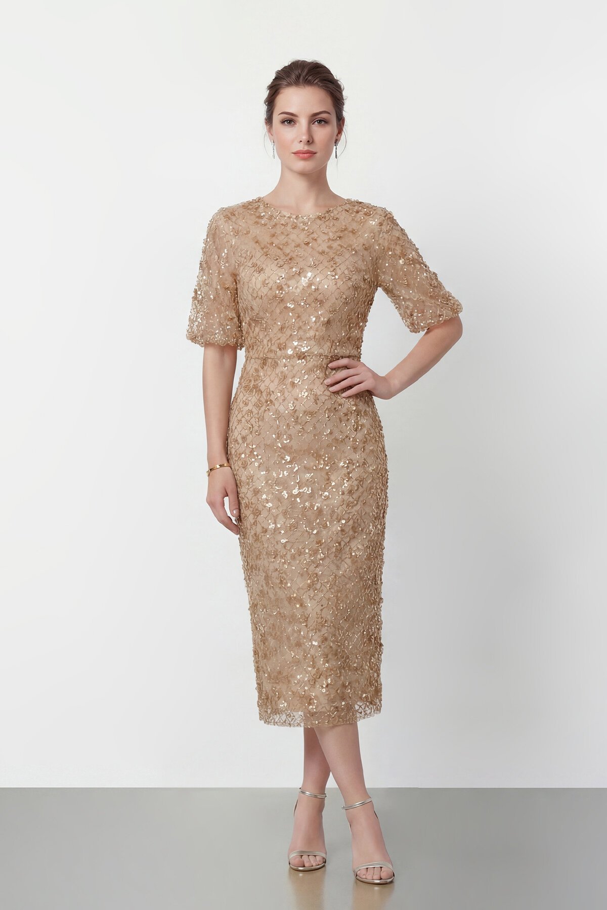 Tamamı İşlemeli Işıltılı Yarım Kol Midi Elbise - 2029