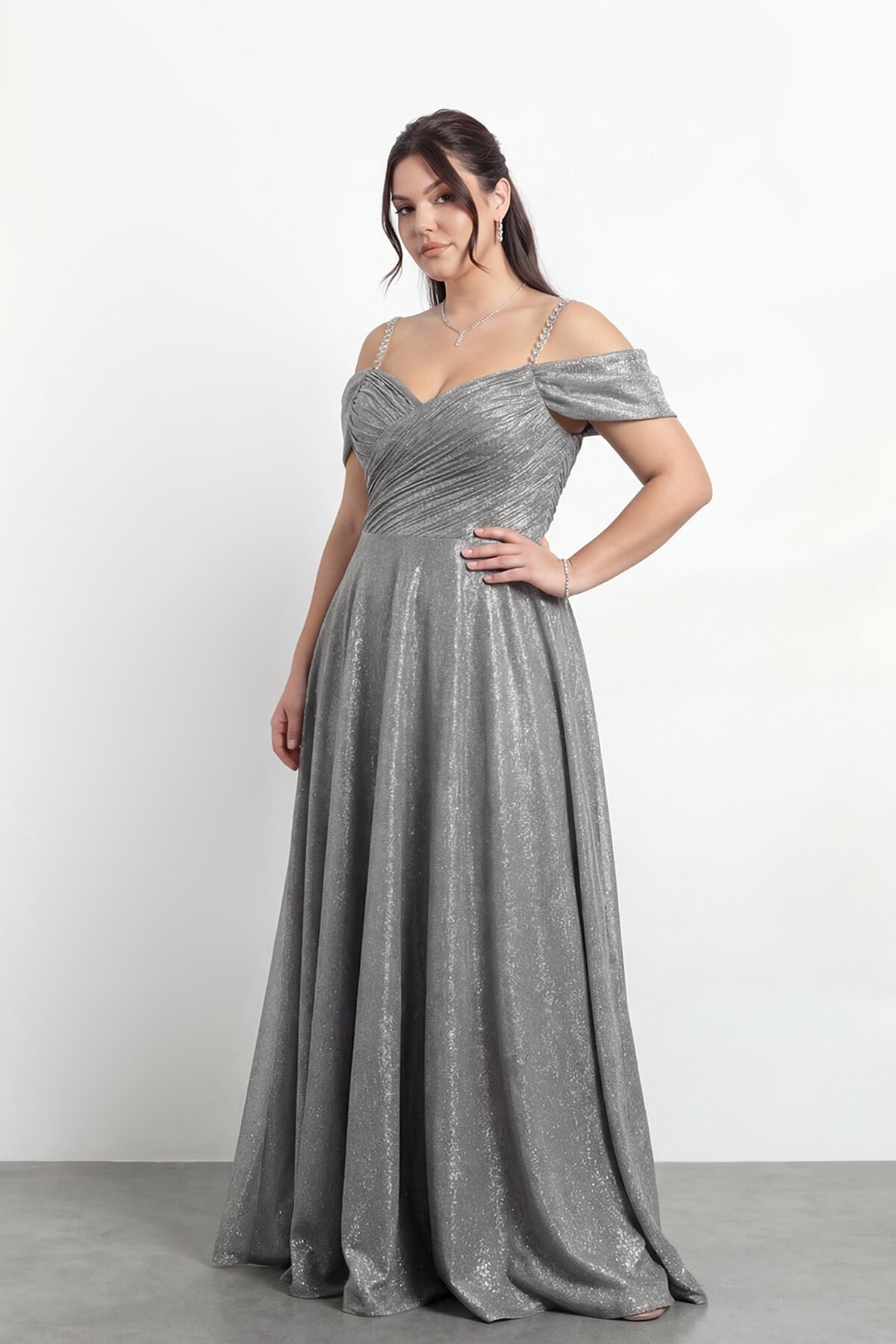 Taş Askılı Çapraz Büzgülü  Elbisesi - 2056