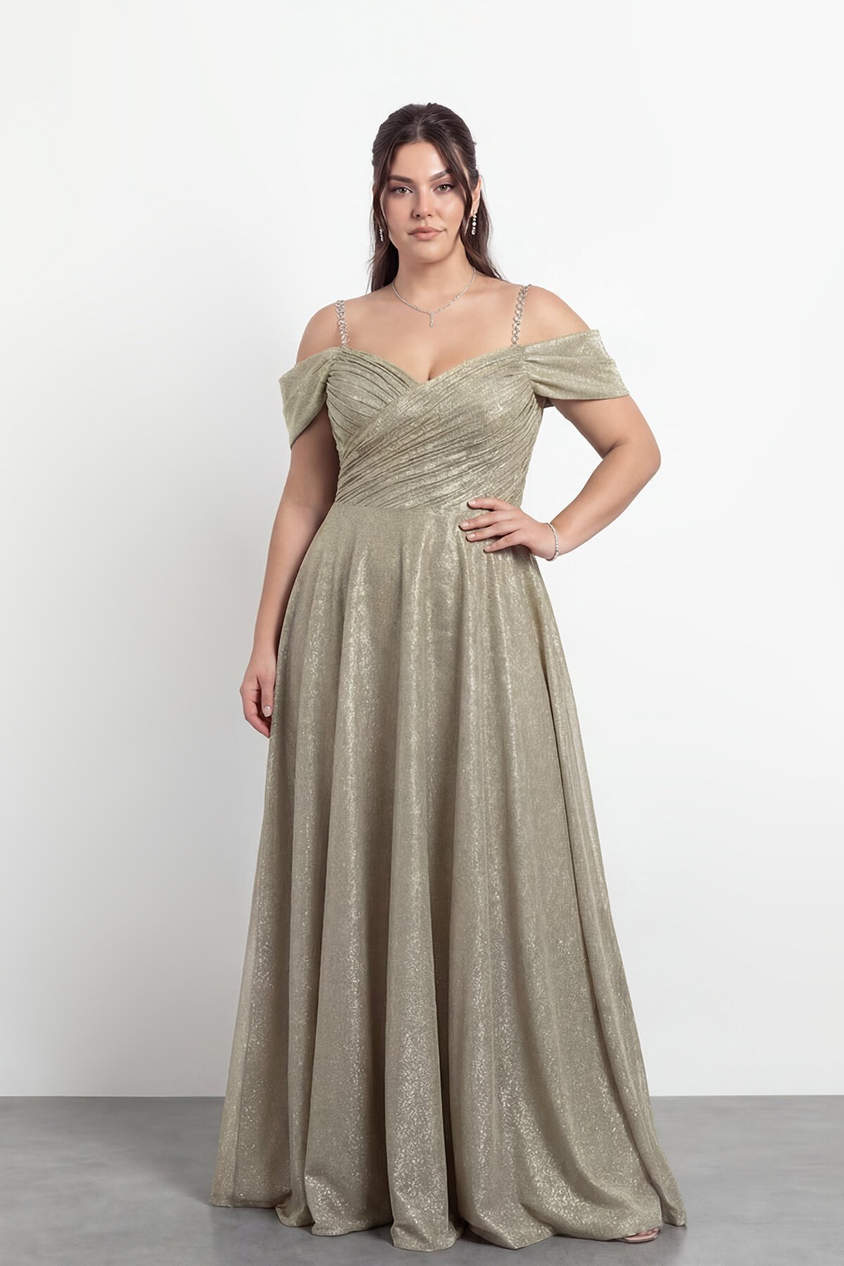 Taş Askılı Çapraz Büzgülü  Elbisesi - 2056