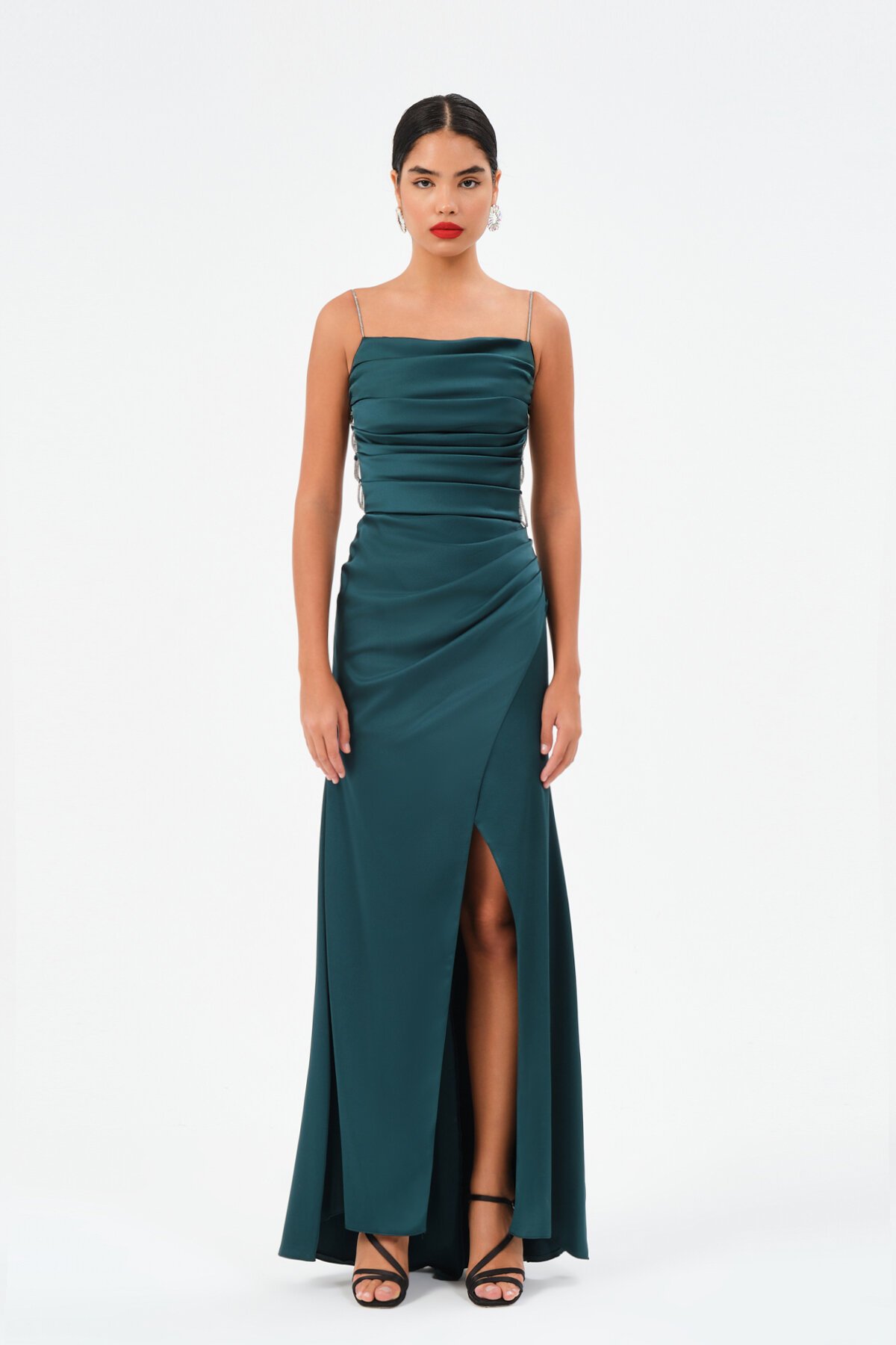 Taş Askılı Drapeli Yırtmaçlı Elbise - 1534