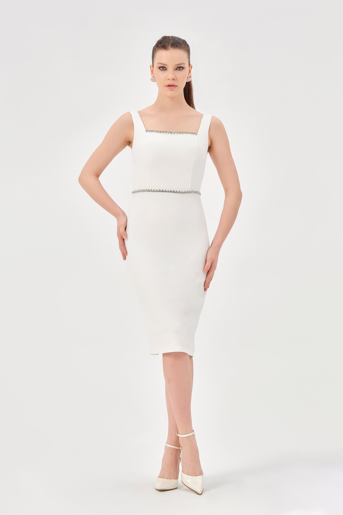 Taş Detaylı Kare Yaka Midi Elbise - 1607