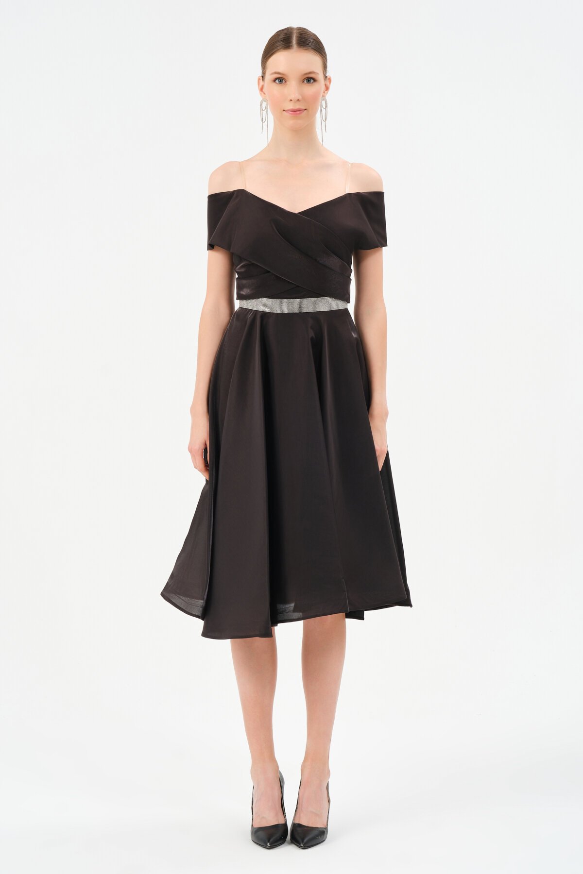 Taş Detaylı Kayık Yaka Midi Elbise - 1464