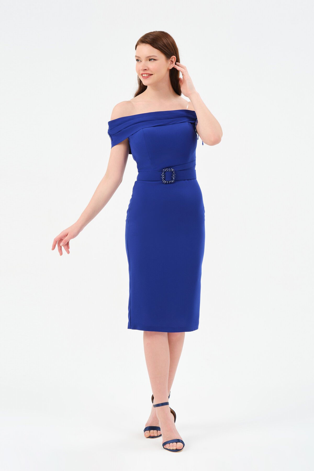 Taş Detaylı Kayık Yaka Midi Elbise - 1539