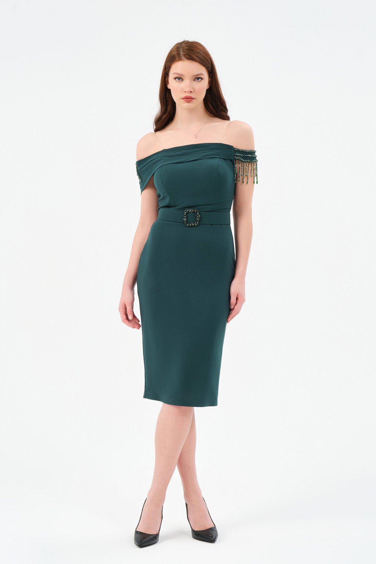 Taş Detaylı Kayık Yaka Midi Elbise - 1539