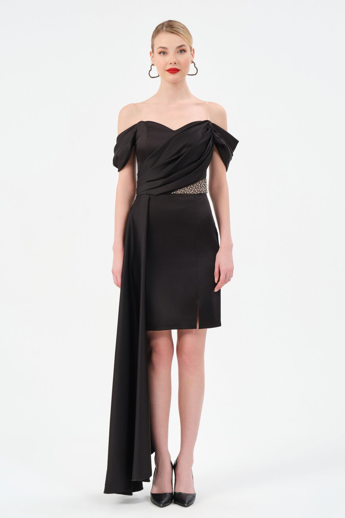 Taş Detaylı Kayık Yaka Mini Elbise - 1498