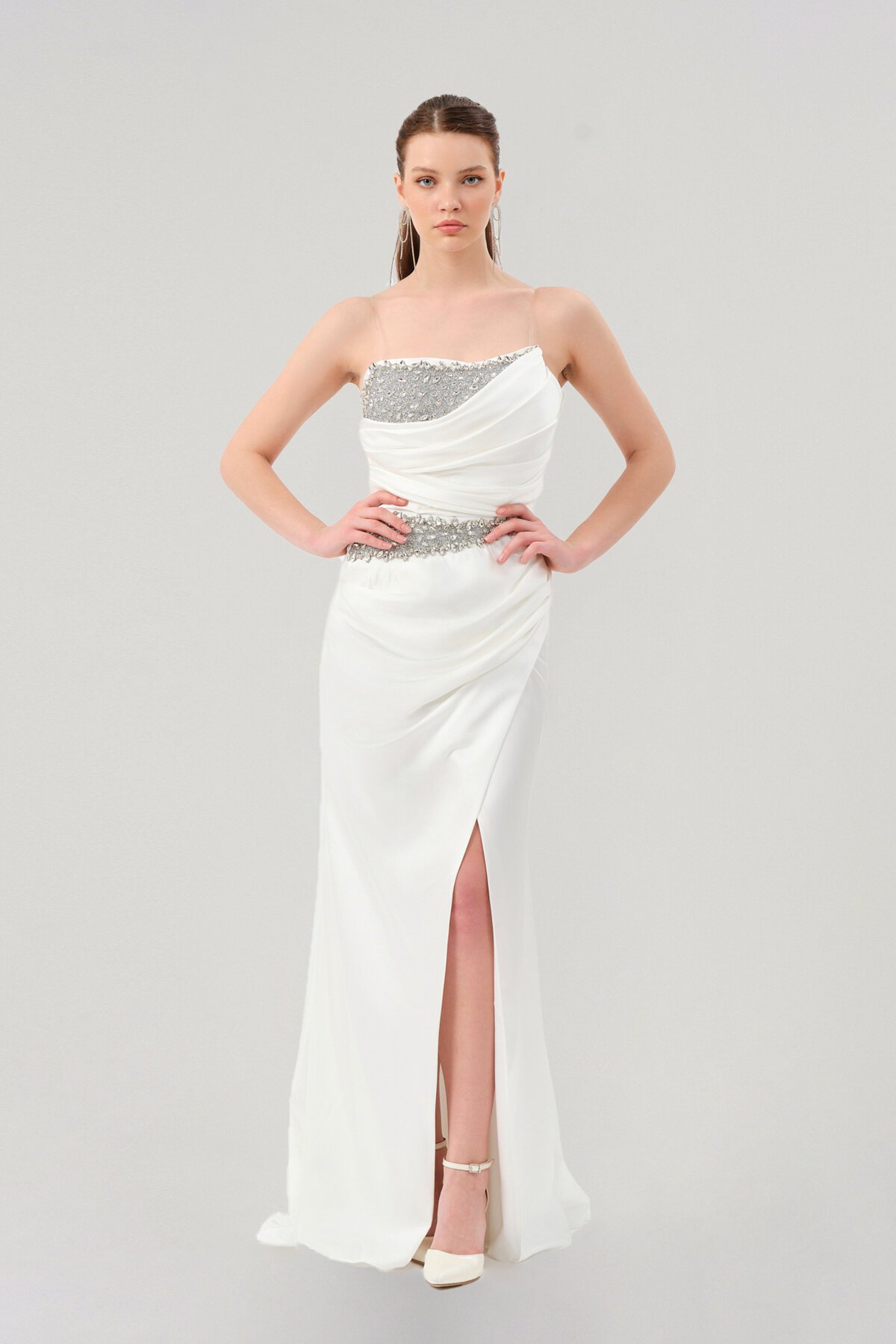 Taş Detaylı Straplez Yırtmaçlı Elbise - 1541