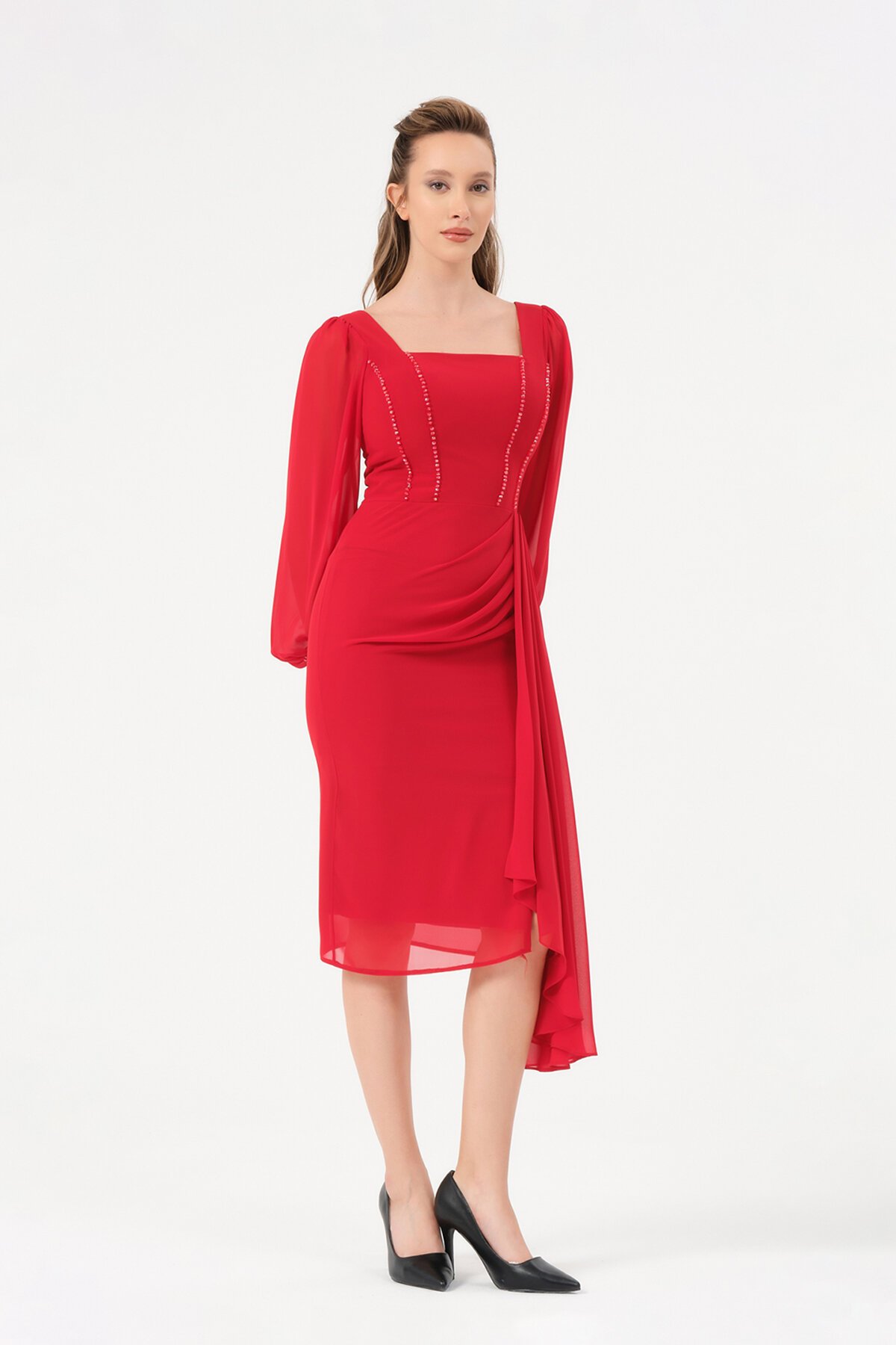 Taş İşlemeli Şifon Detaylı Midi Elbise - 1567