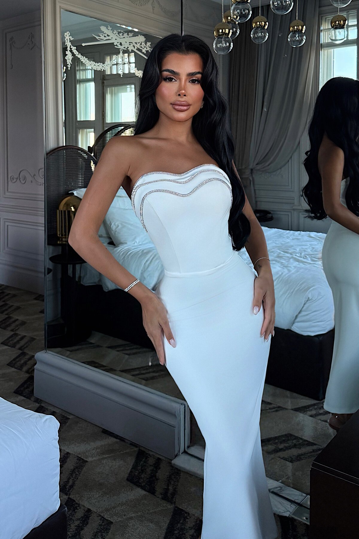 Taş İşlemeli Straplez Midi Elbise - 1871