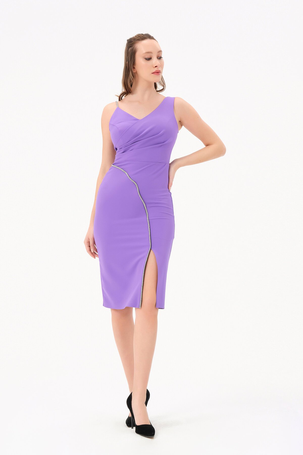 Taş Şerit Detaylı Drapeli Midi Elbise - 1221