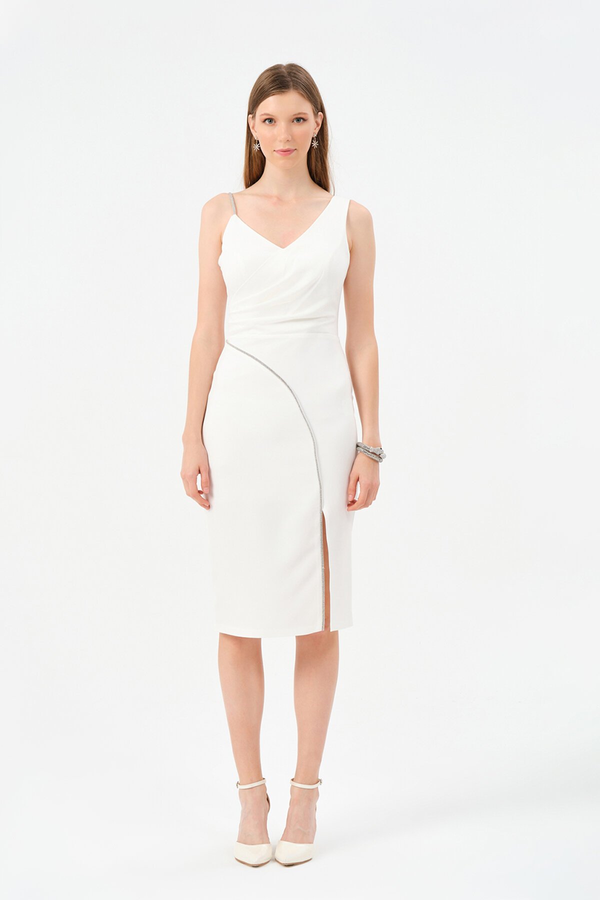 Taş Şerit Detaylı Drapeli Midi Elbise - 1221