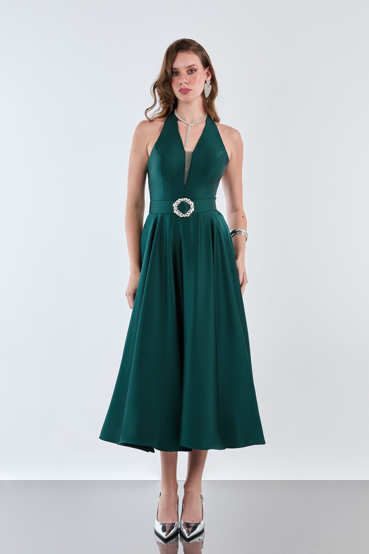 Taşlı Kemer Detaylı Halter Yaka Midi Elbise - 1970